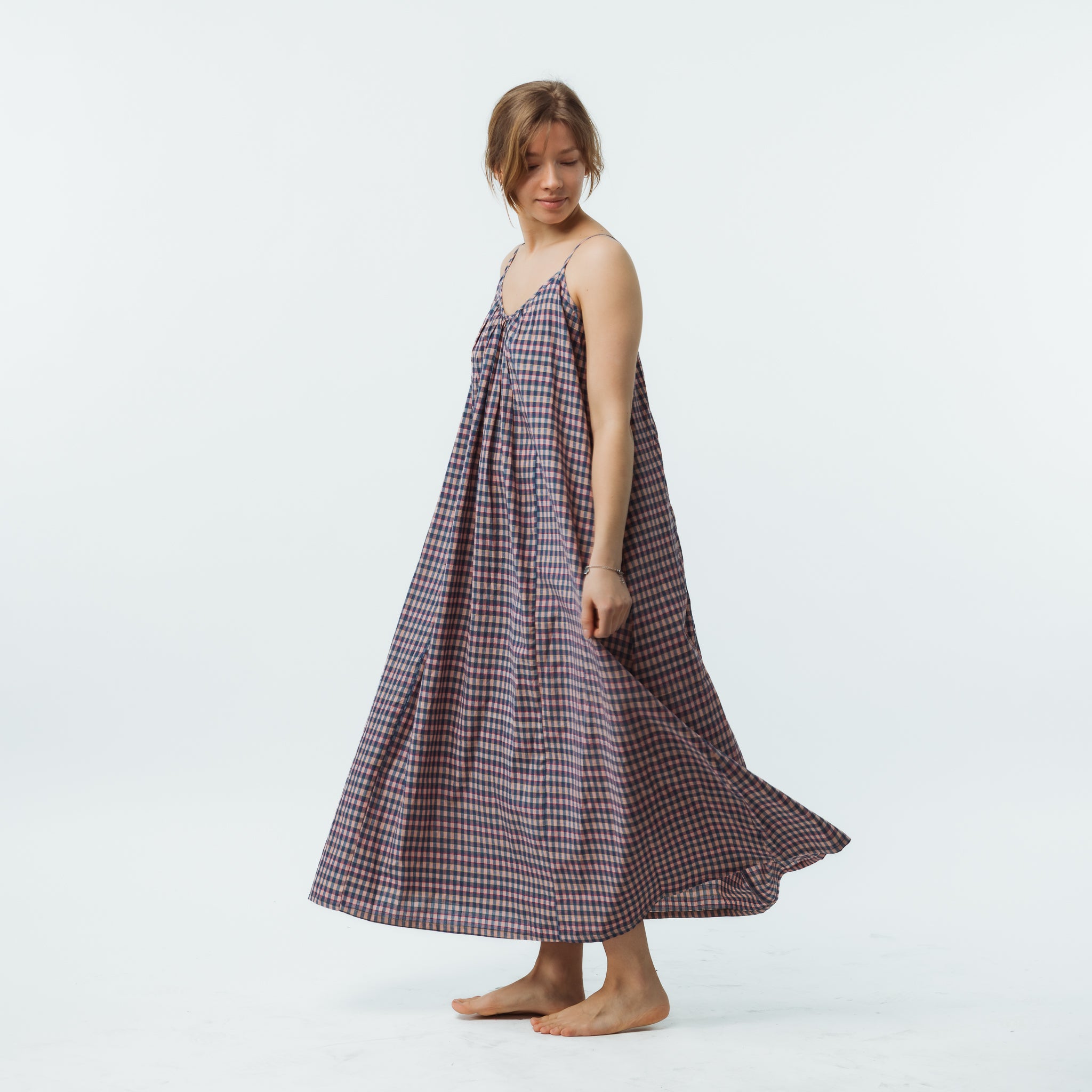 Handwoven Pink Plaid Cotton Maxi Dress 