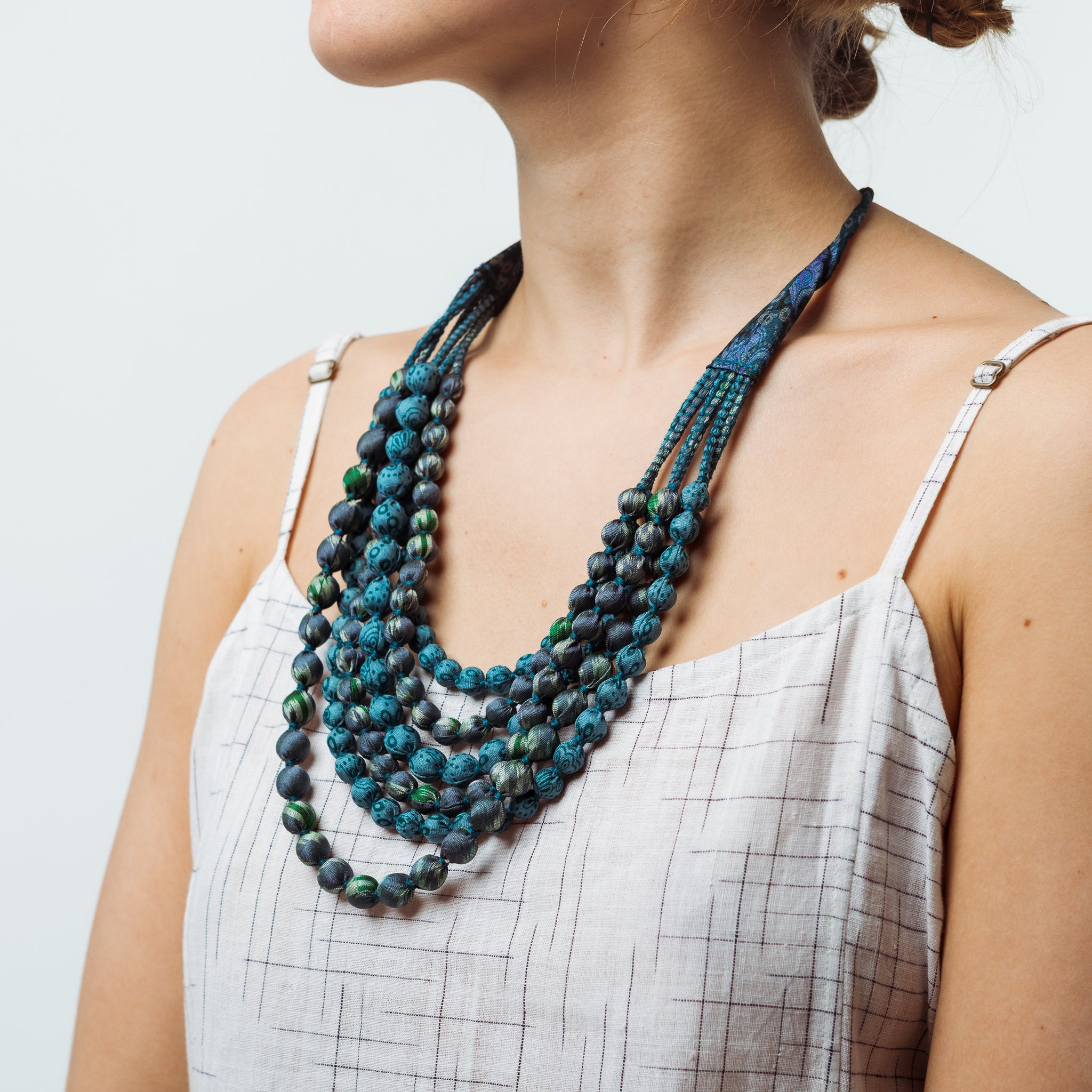 House of Wandering Silk Sari Bead Necklace Blues 