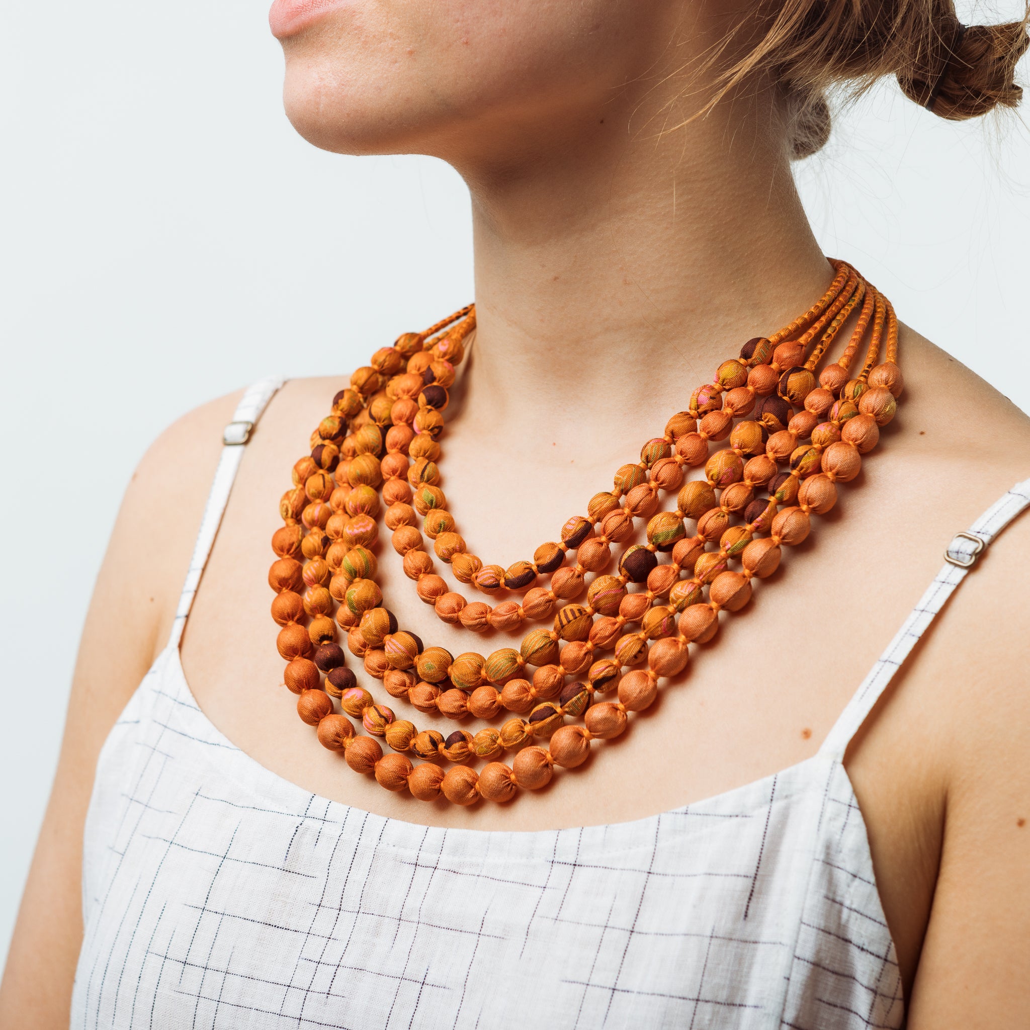 House of Wandering Silk Sari Bead Necklace Bright Orange 