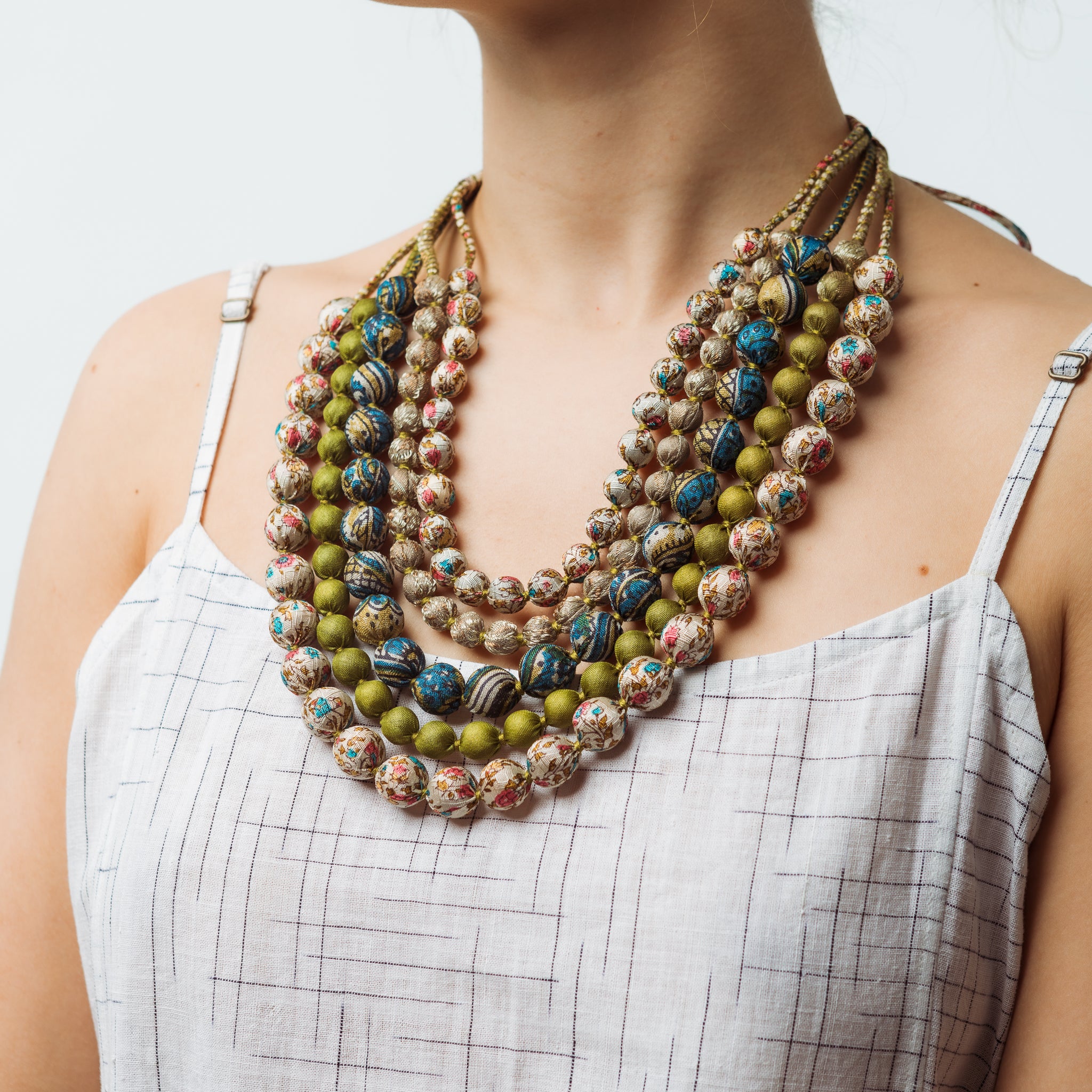 House of Wandering Silk Sari Bead Necklace Greens and Blues 