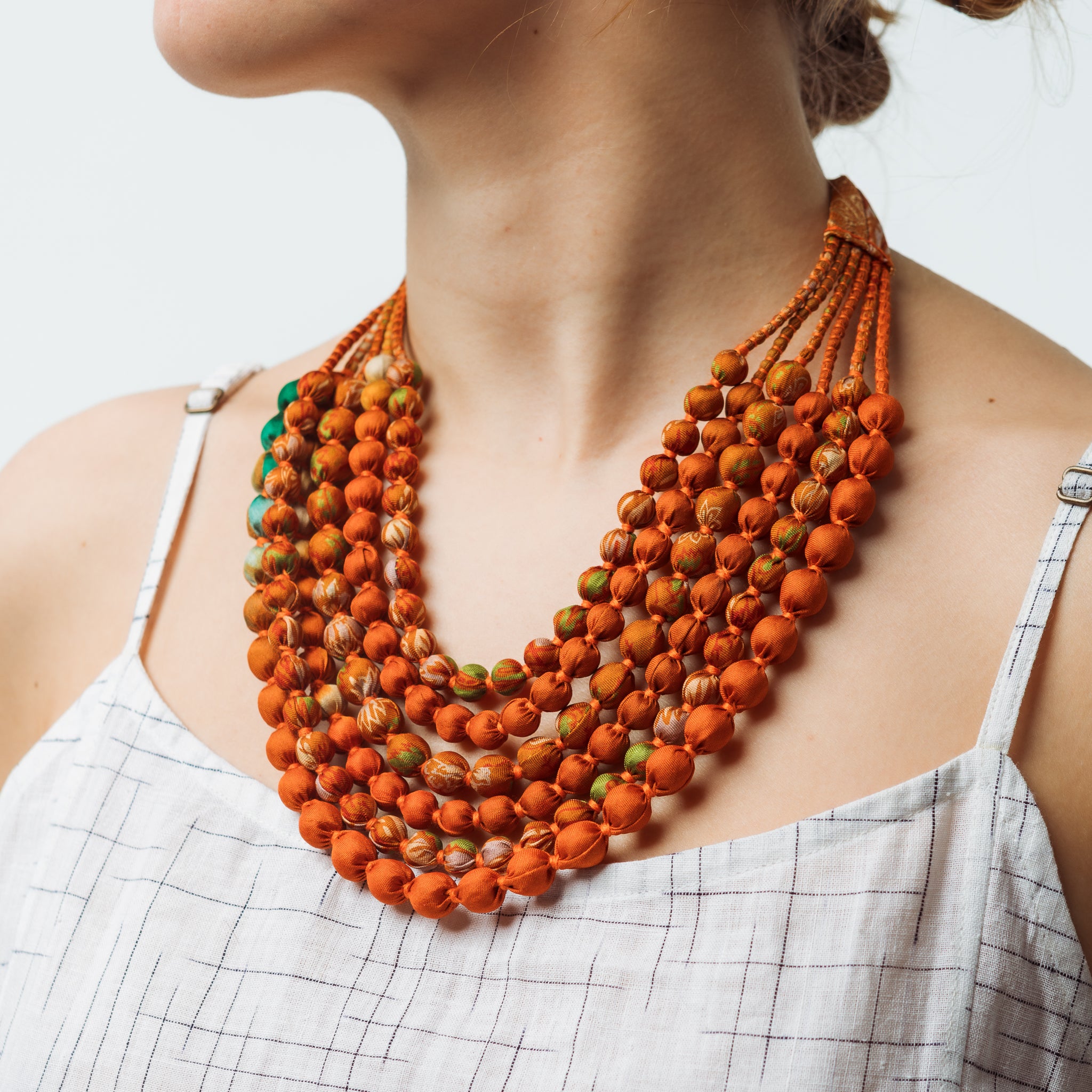 House of Wandering Silk Sari Bead Necklace Oranges 