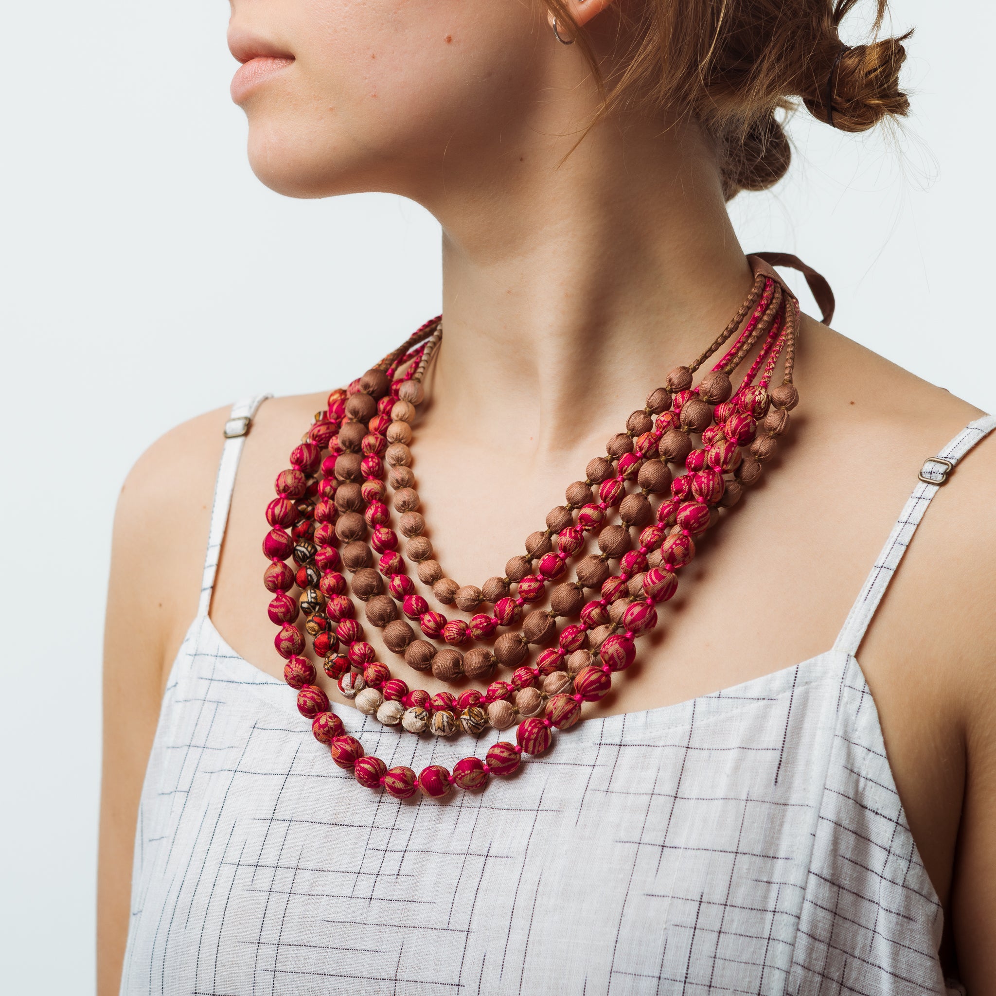 House of Wandering Silk Sari Bead Necklace Pinks and Browns 