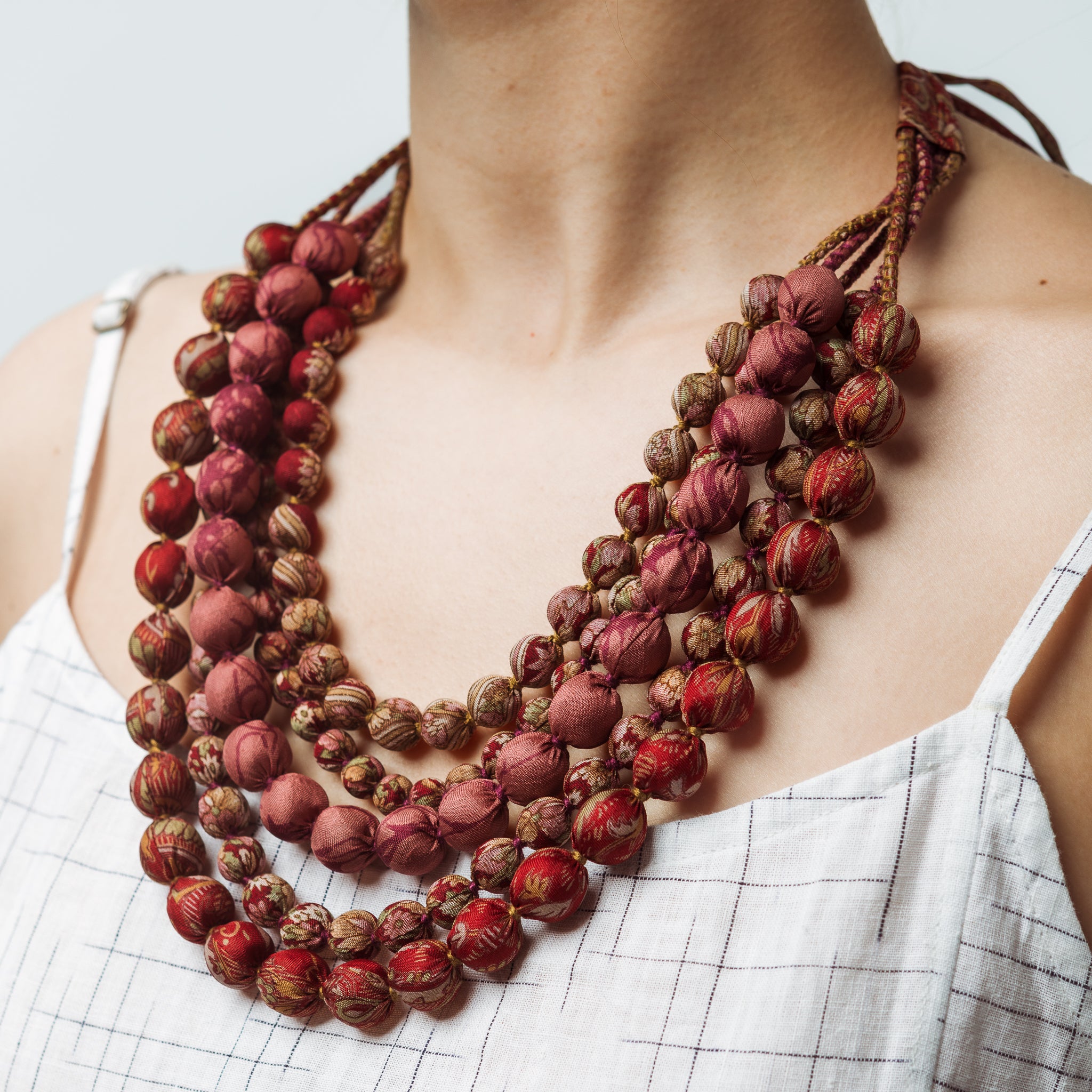 House of Wandering Silk Sari Bead Necklace Purples and Beige 