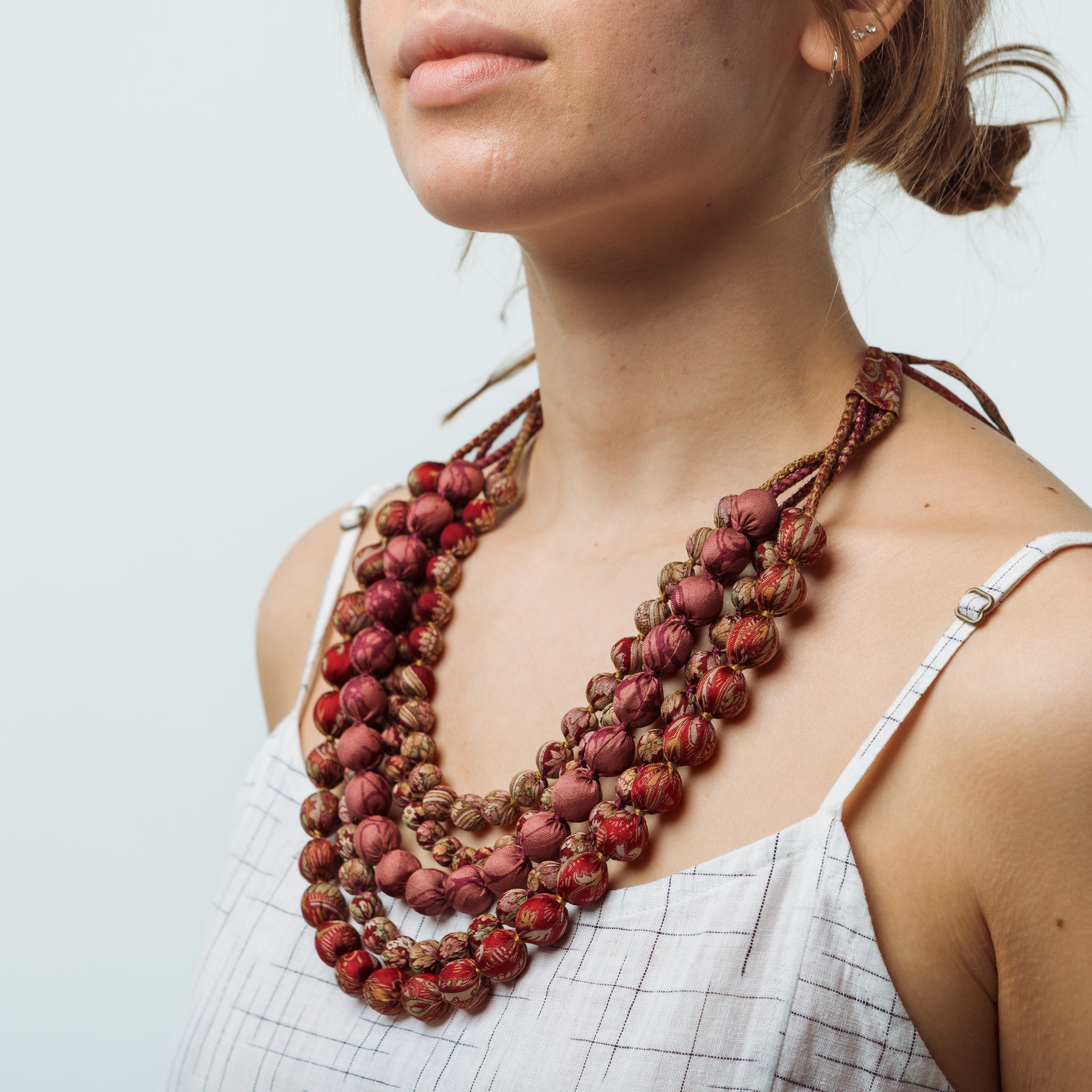 House of Wandering Silk Sari Bead Necklace Purples and Rose 