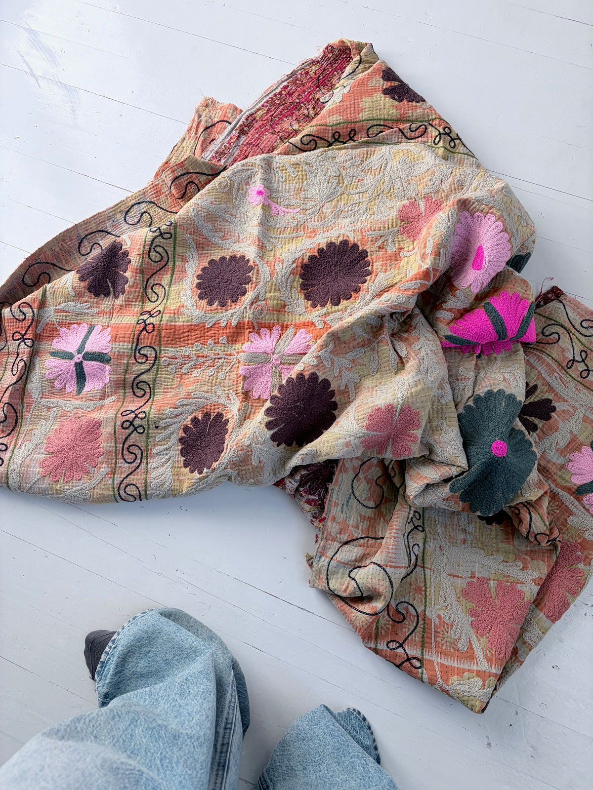 Vintage Kantha with Suzani Embroidery Throw