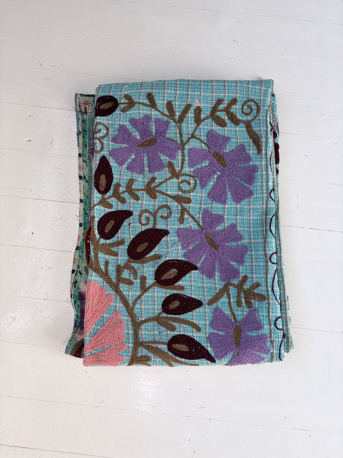 Vintage Kantha with Suzani Embroidery Throw Blues