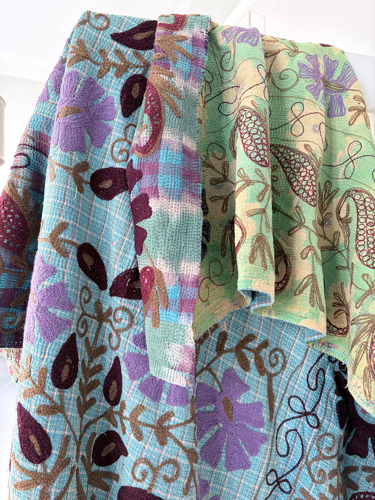 Vintage Kantha with Suzani Embroidery Throw Blues