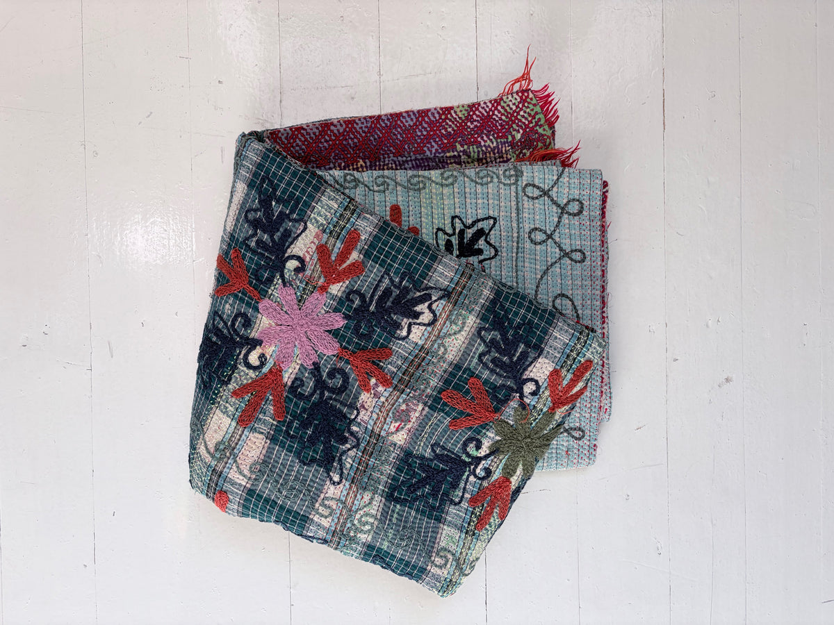 Vintage Plaid Kantha with Suzani Embroidery Throw