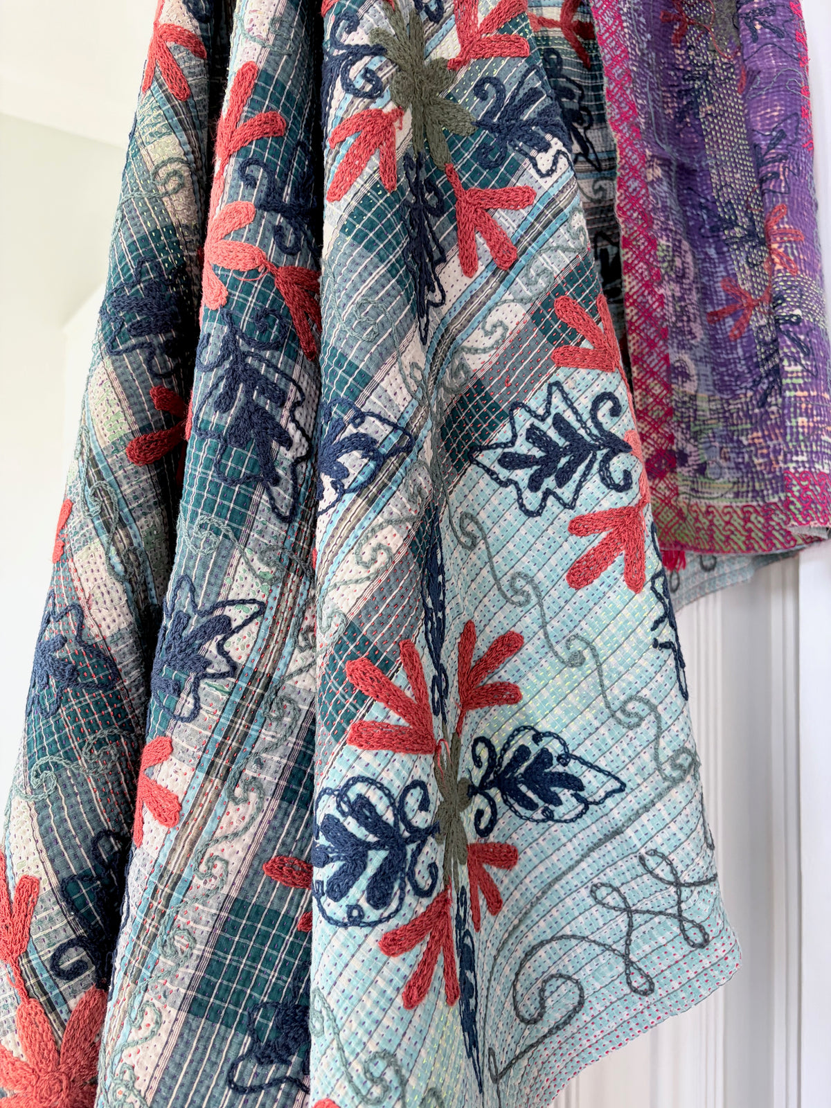 Vintage Plaid Kantha with Suzani Embroidery Throw