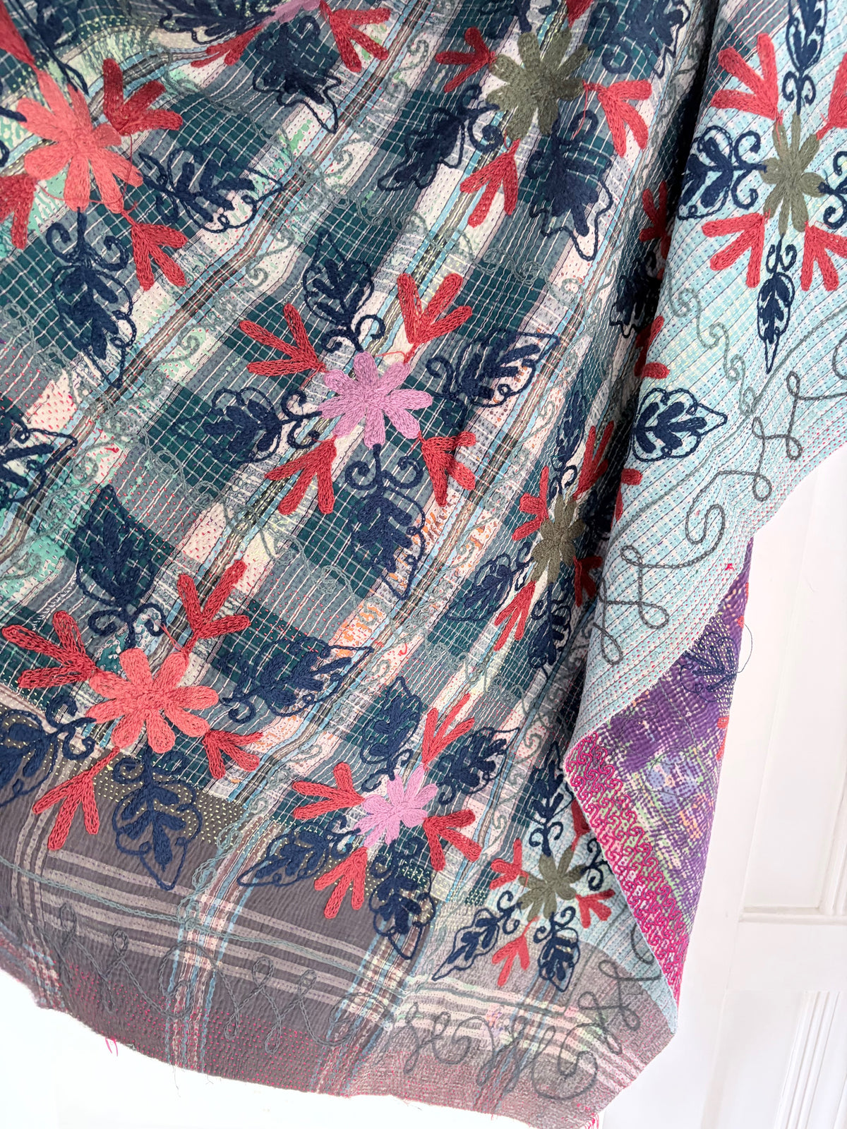 Vintage Plaid Kantha with Suzani Embroidery Throw