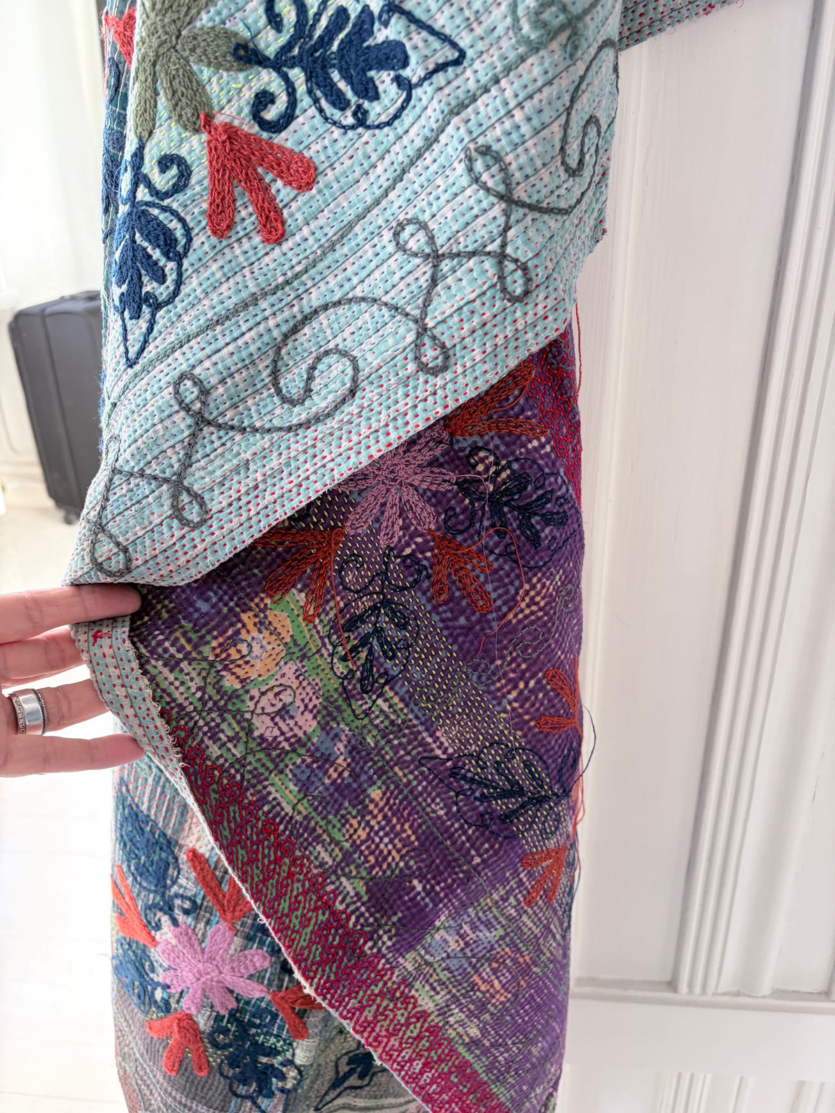 Vintage Plaid Kantha with Suzani Embroidery Throw