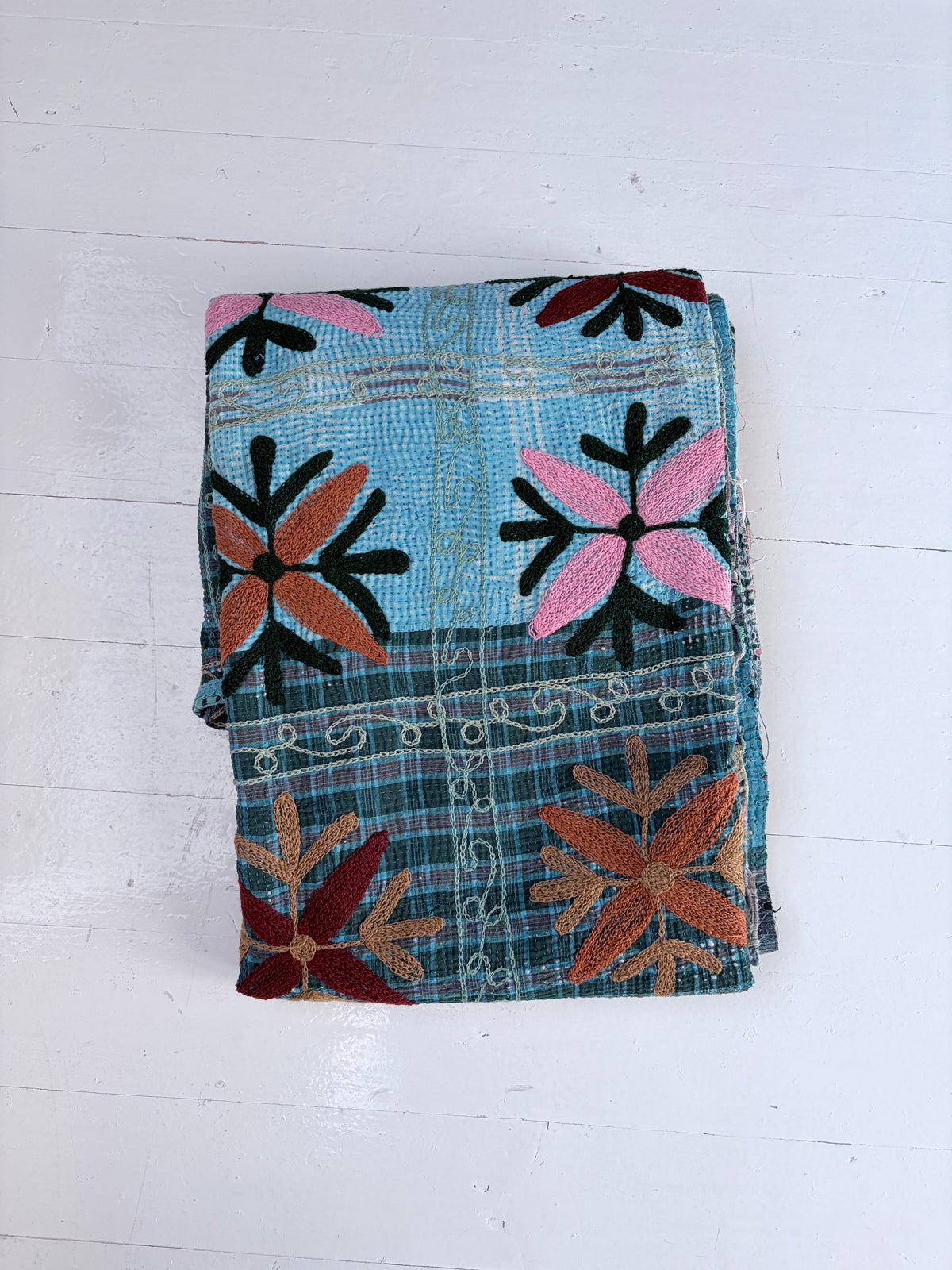 Vintage Kantha with Suzani Embroidery Throw Green and Blue
