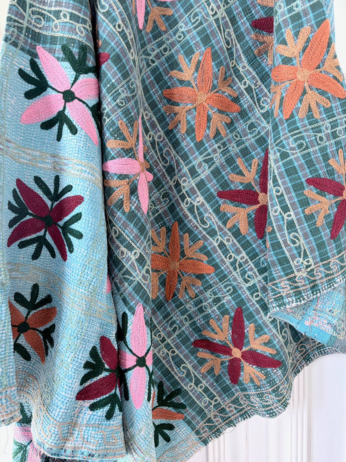 Vintage Kantha with Suzani Embroidery Throw Green and Blue