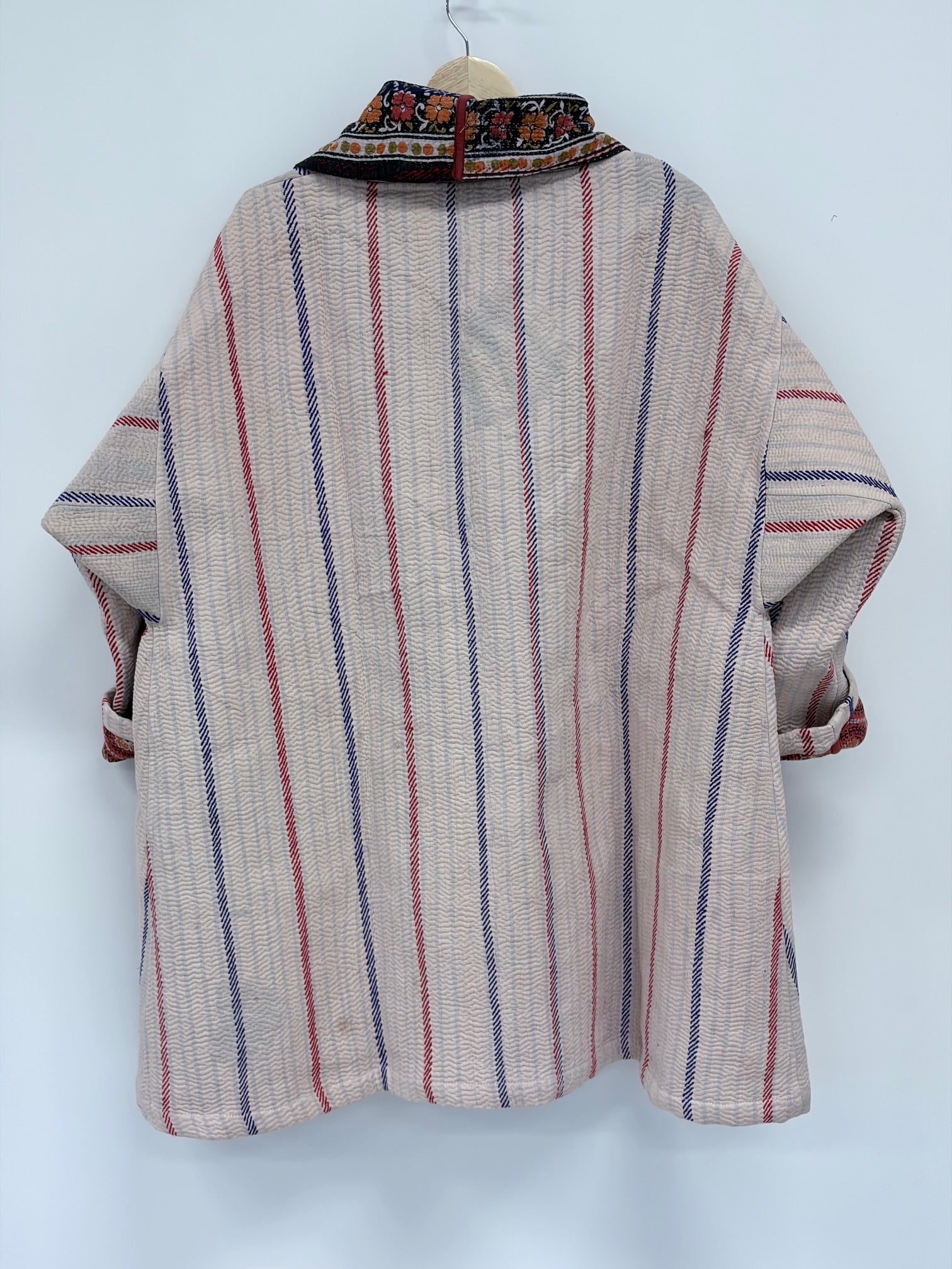 Reversible Upcycled Kantha Car Coat Embroidered Stripe