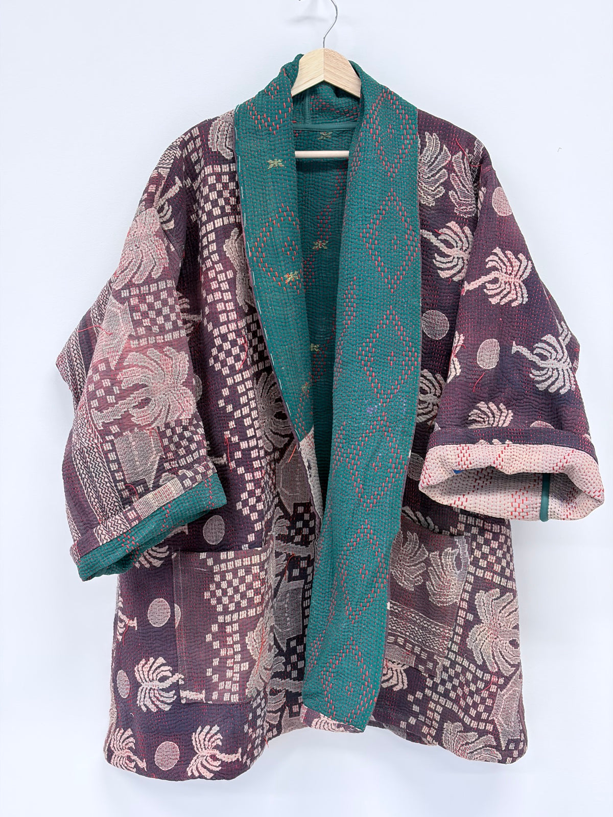 Reversible Upcycled Kantha Colorful Car Coat Faded Purple