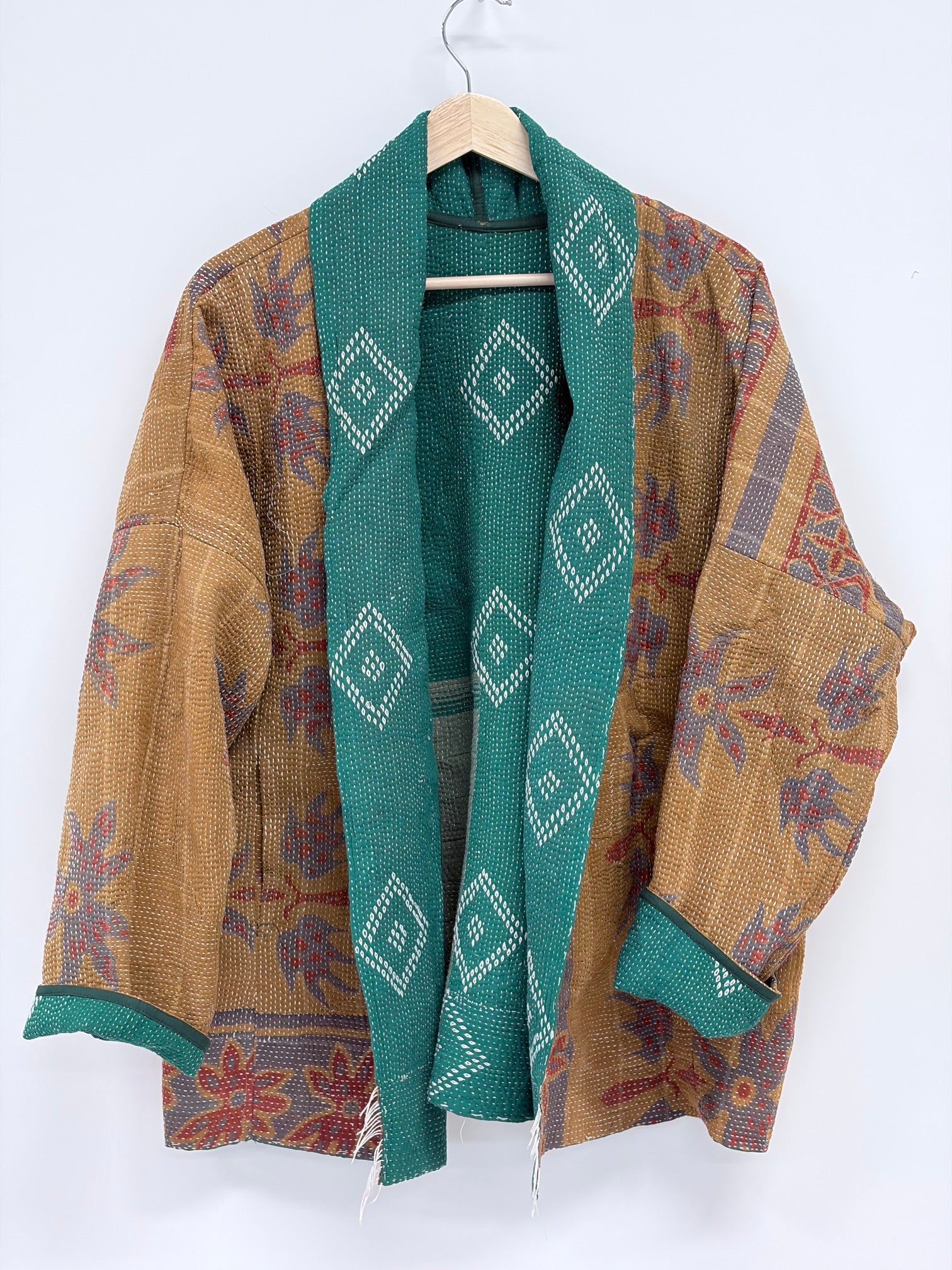 Reversible Upcycled Kantha Kimono Coat Fall Browns and Green