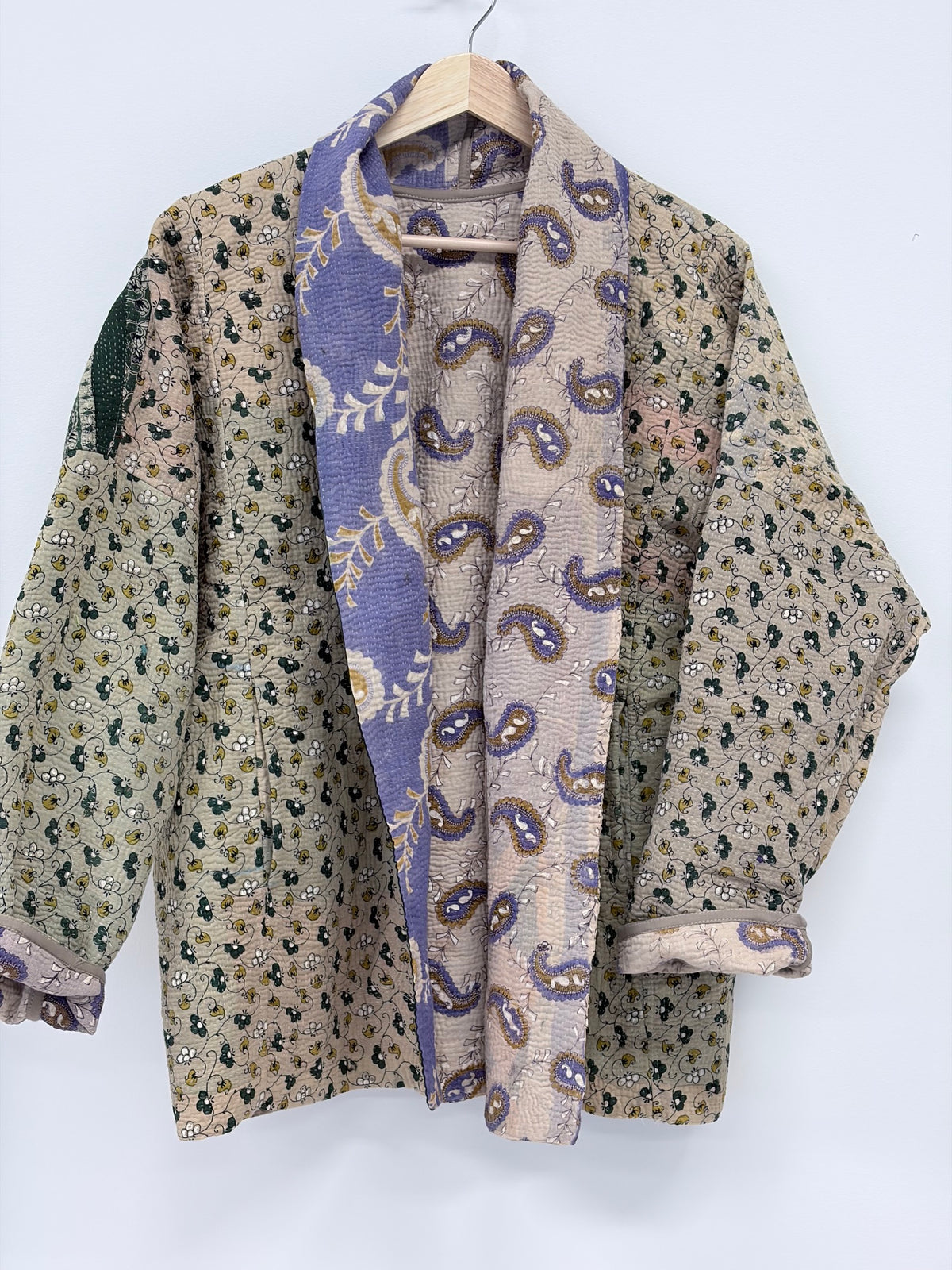 Reversible Upcycled Kantha Kimono Coat Paisley and Greens