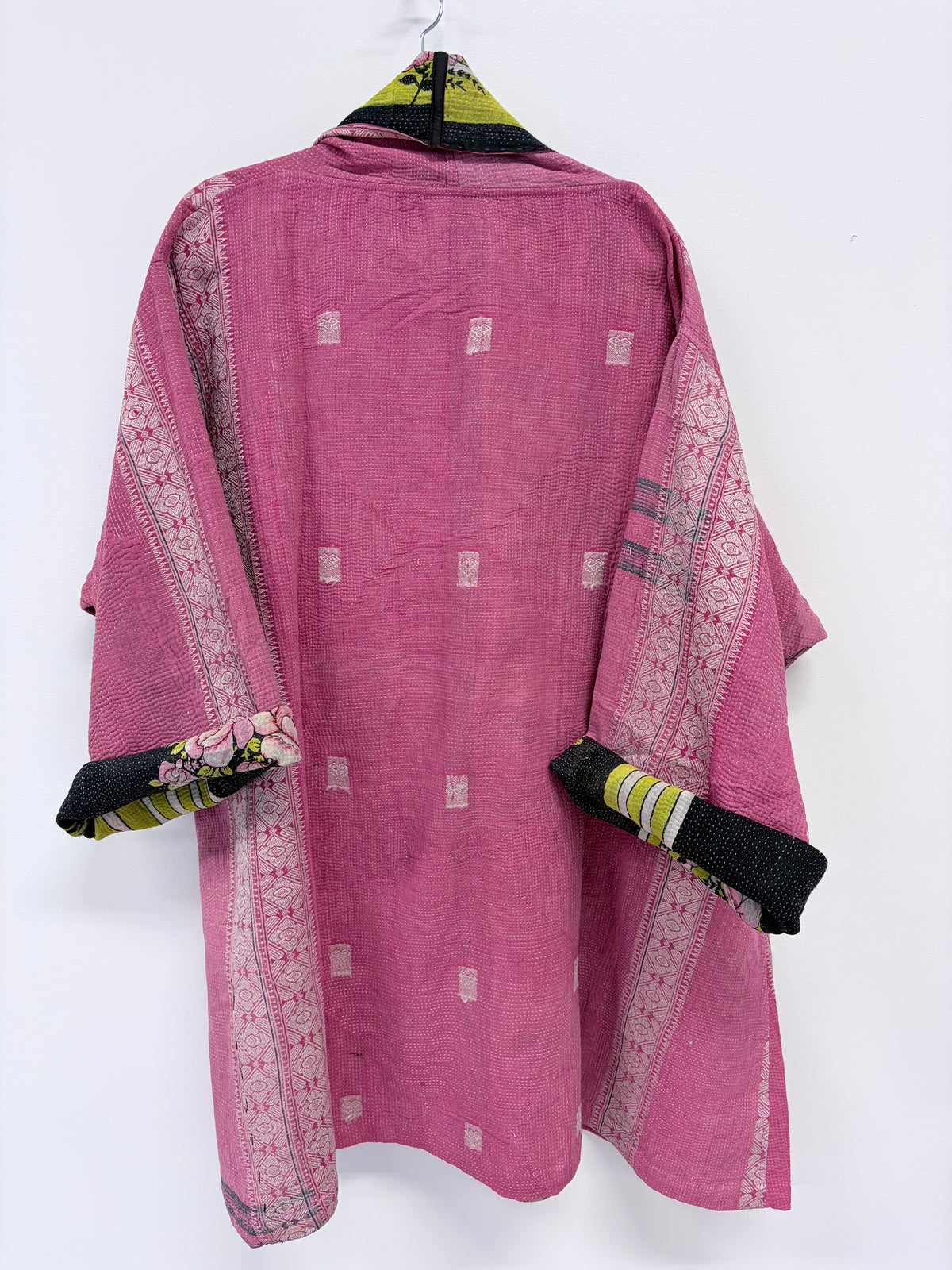 Reversible Upcycled Kantha Car Coat Pink Embroidered Stripes