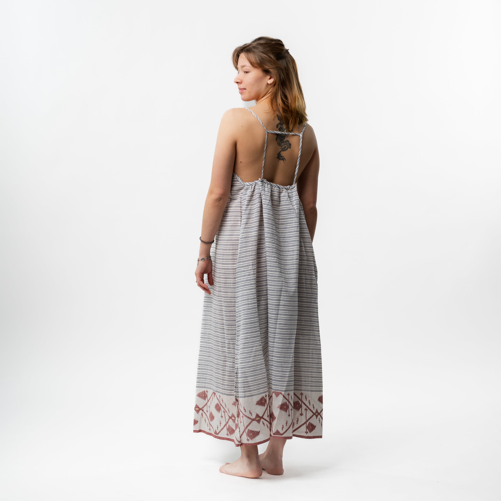 Cotton Silk Striped Halter Dress 