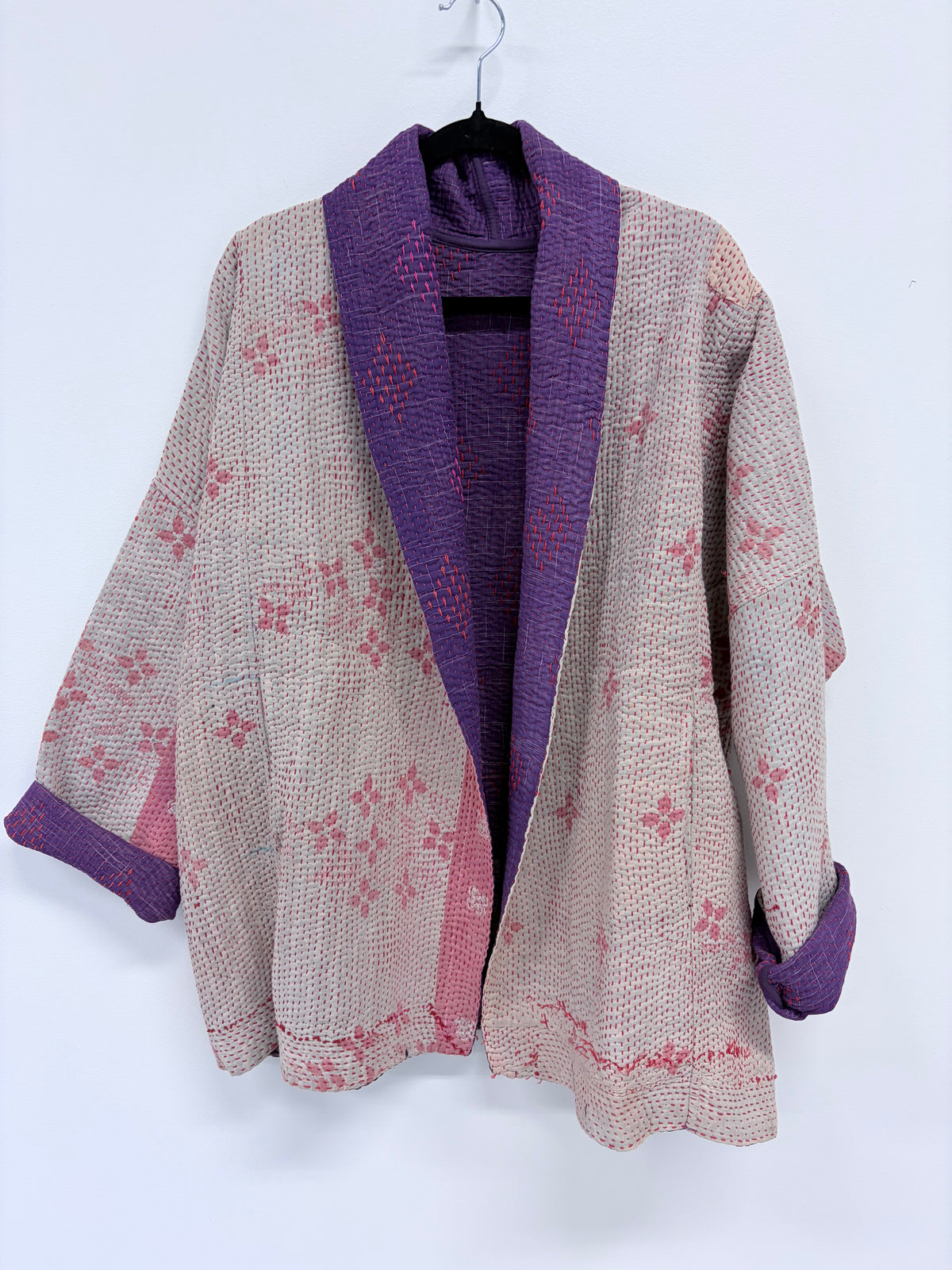Reversible Upcycled Kantha Kimono Coat Embroidered Pinks