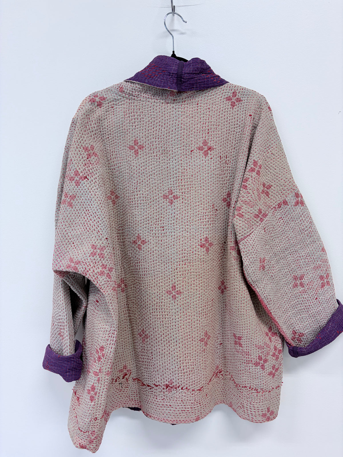 Reversible Upcycled Kantha Kimono Coat Embroidered Pinks