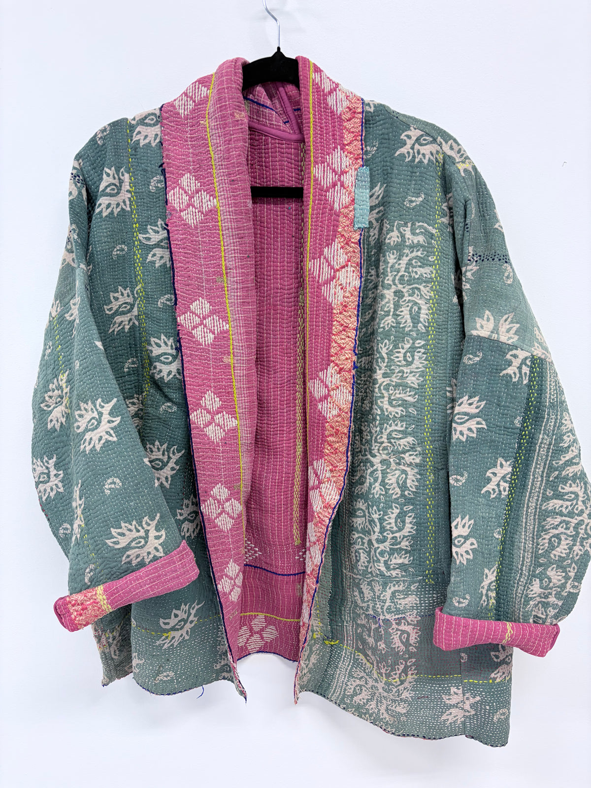 Reversible Upcycled Kantha Kimono Coat Faded Green