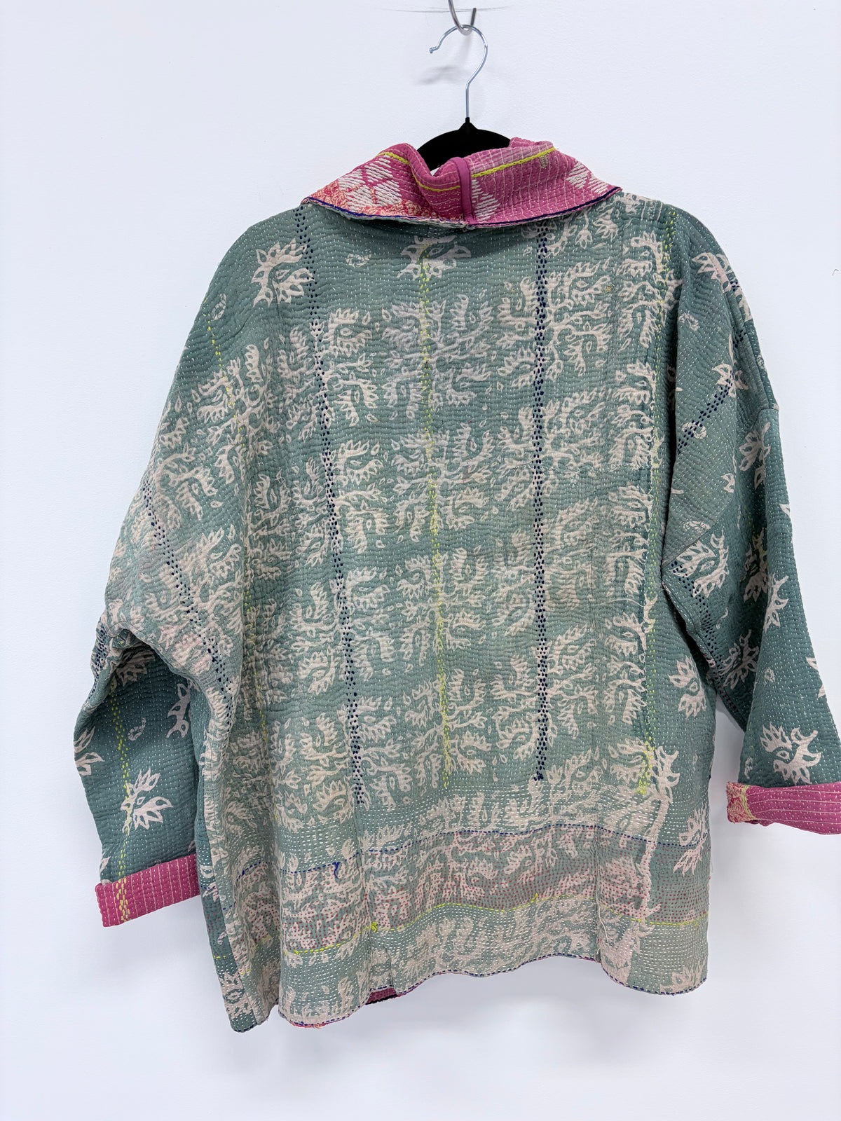 Reversible Upcycled Kantha Kimono Coat Faded Green