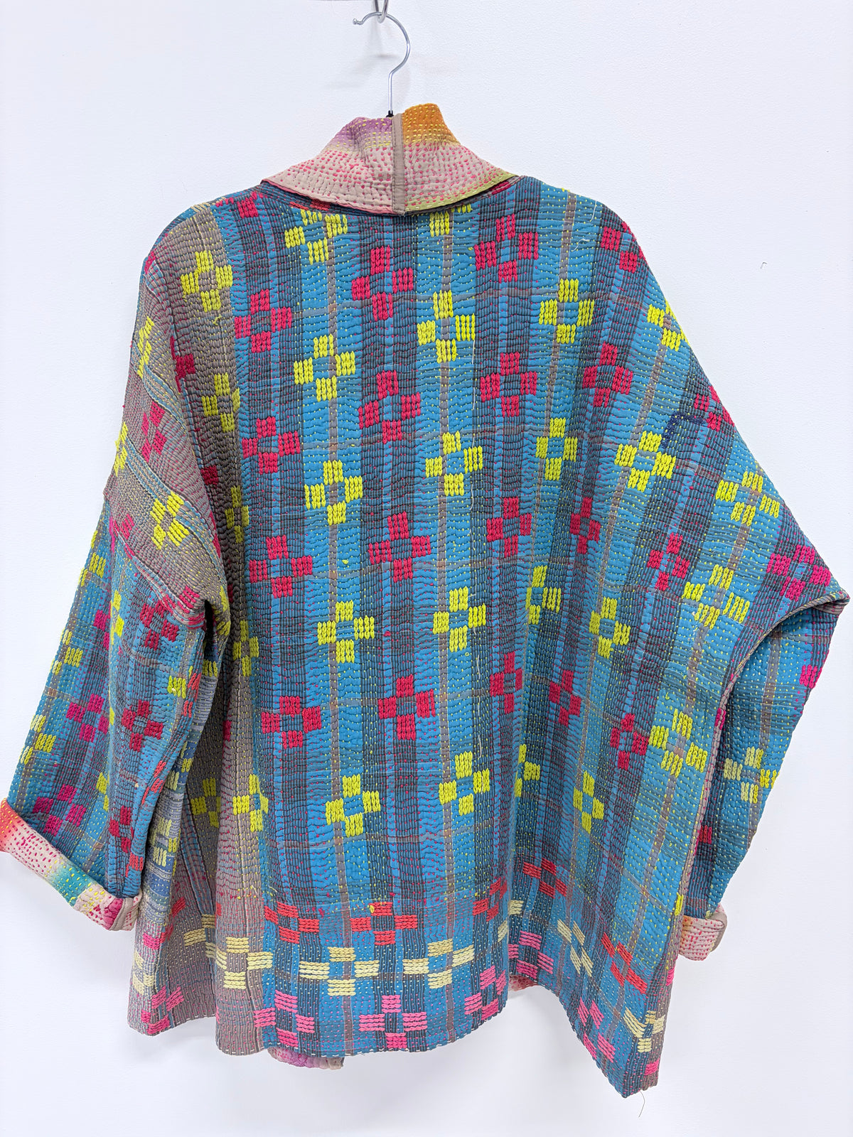 Reversible Upcycled Kantha Kimono Coat Neon Diamonds