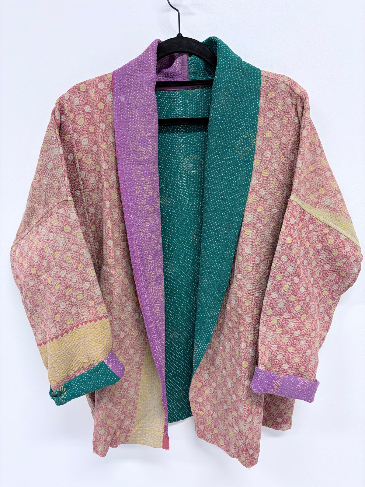 Reversible Upcycled Kantha Kimono Coat Washed Pinks