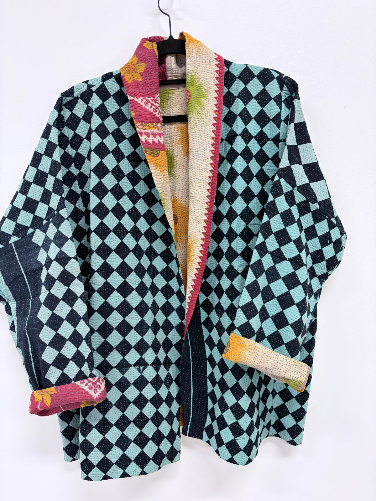 Reversible Upcycled Kantha Kimono Coat Geometric Edge