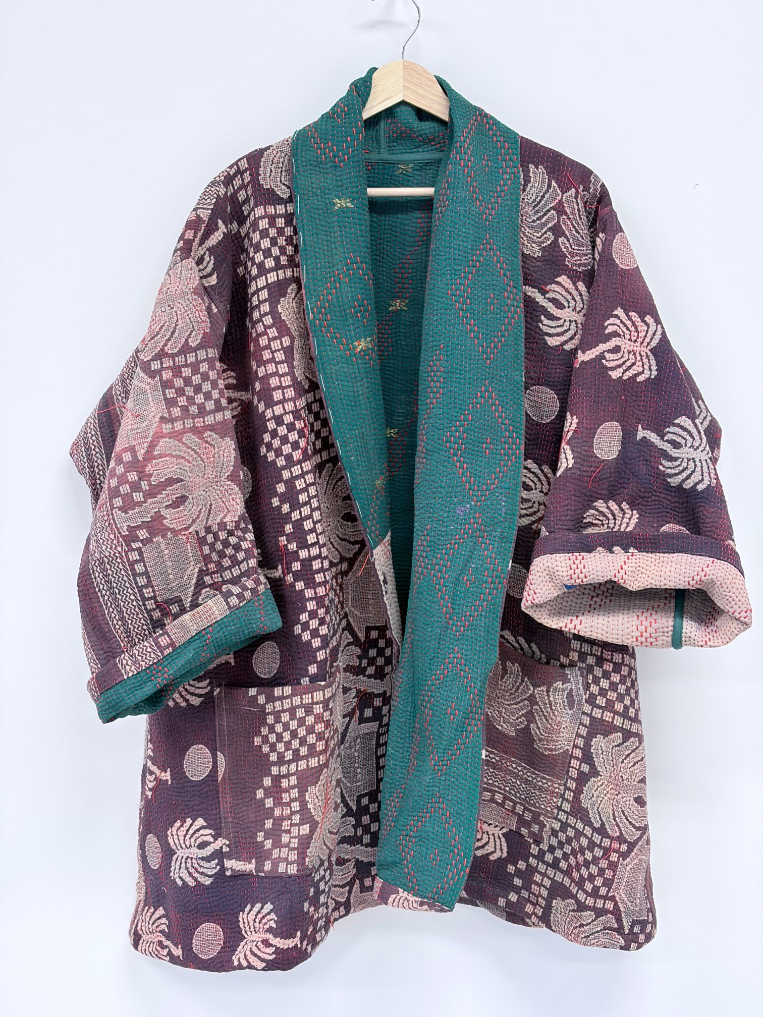 Reversible Upcycled Kantha Colorful Car Coat Faded Purple 