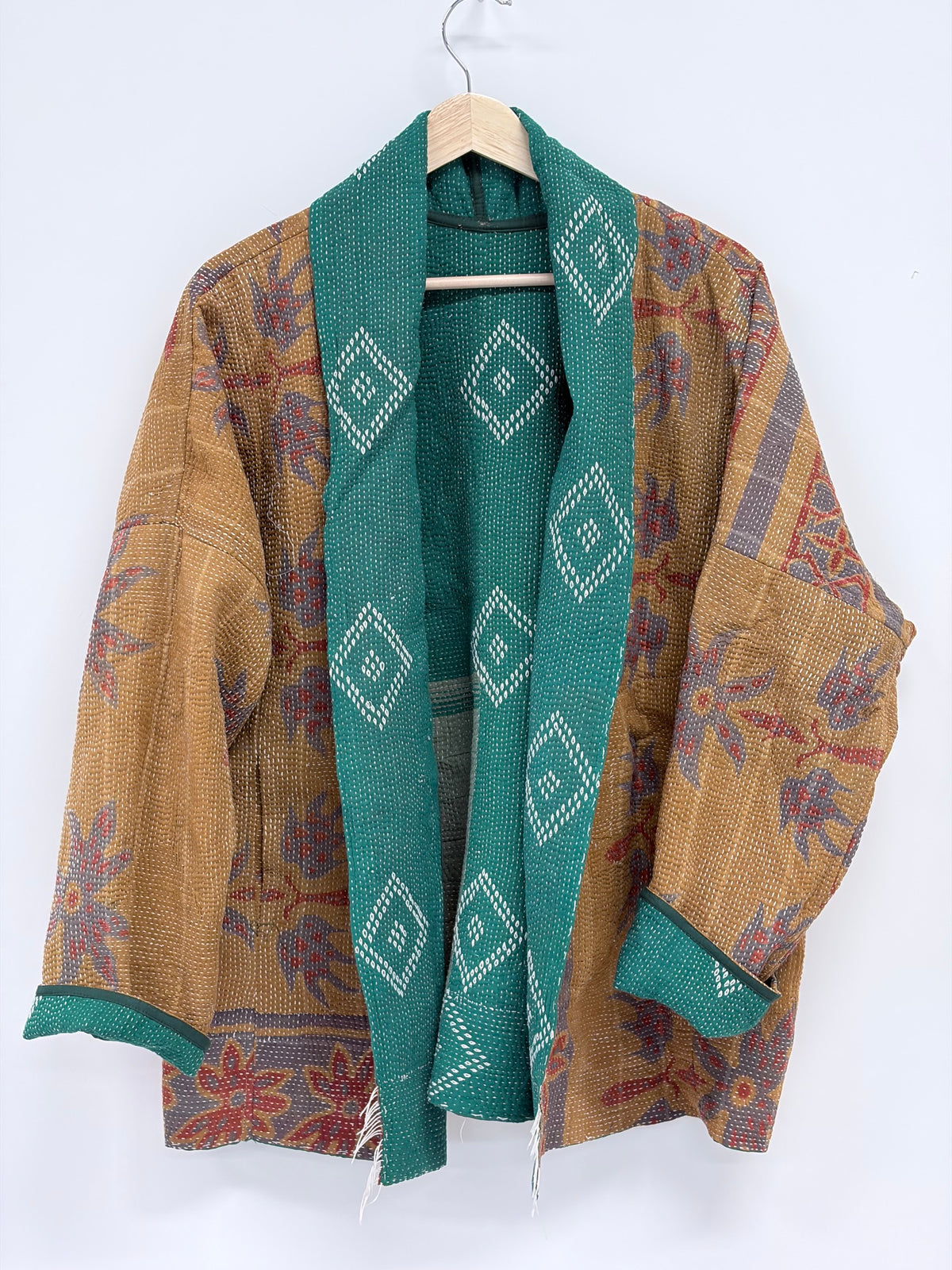 Reversible Upcycled Kantha Kimono Coat Fall Browns and Green 