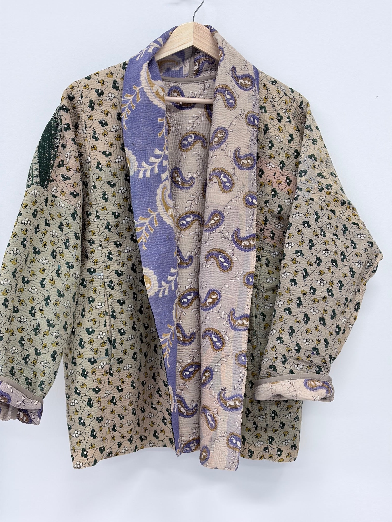 Reversible Upcycled Kantha Kimono Coat Paisley and Greens 