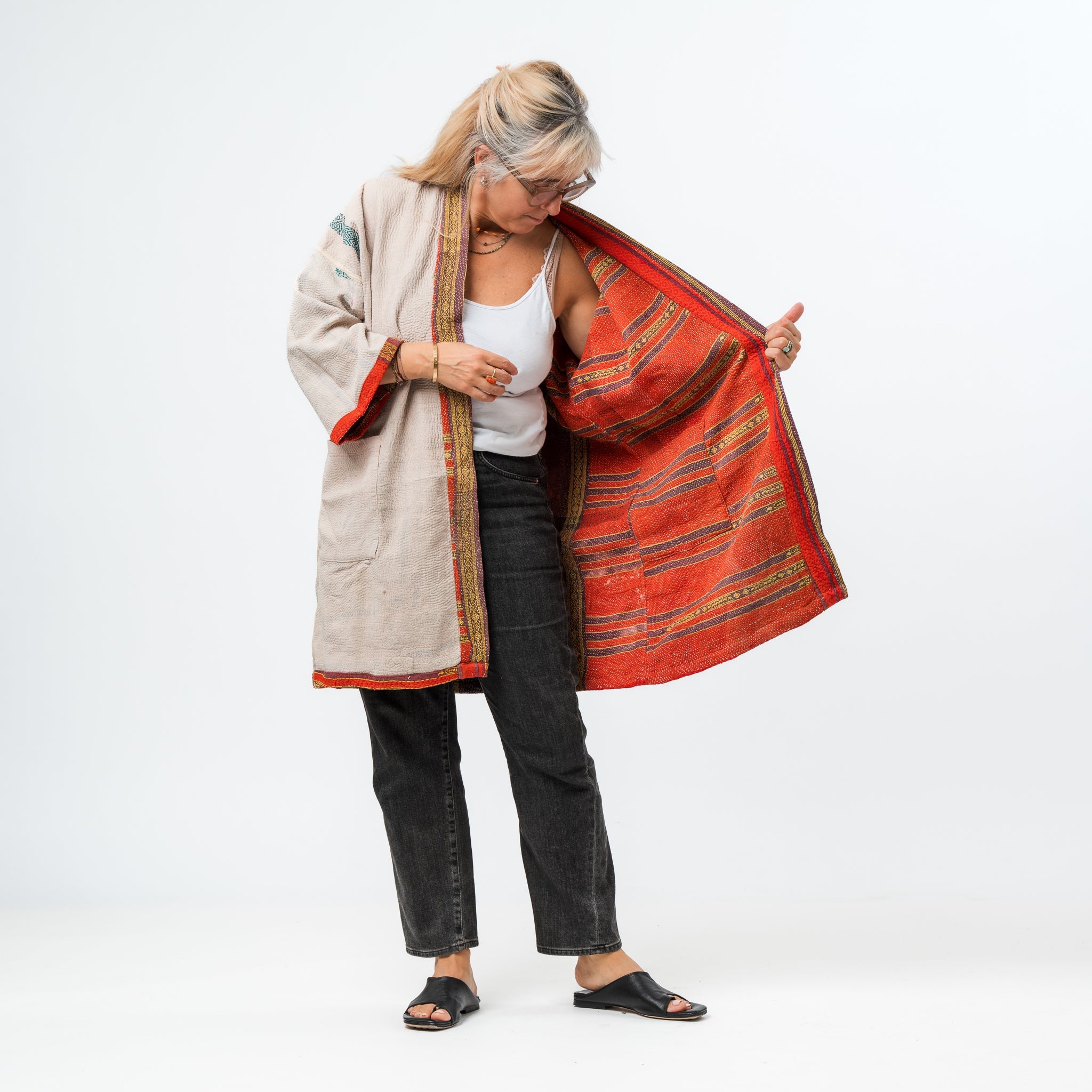 Reversible Vintage Kantha Coat Red & White 