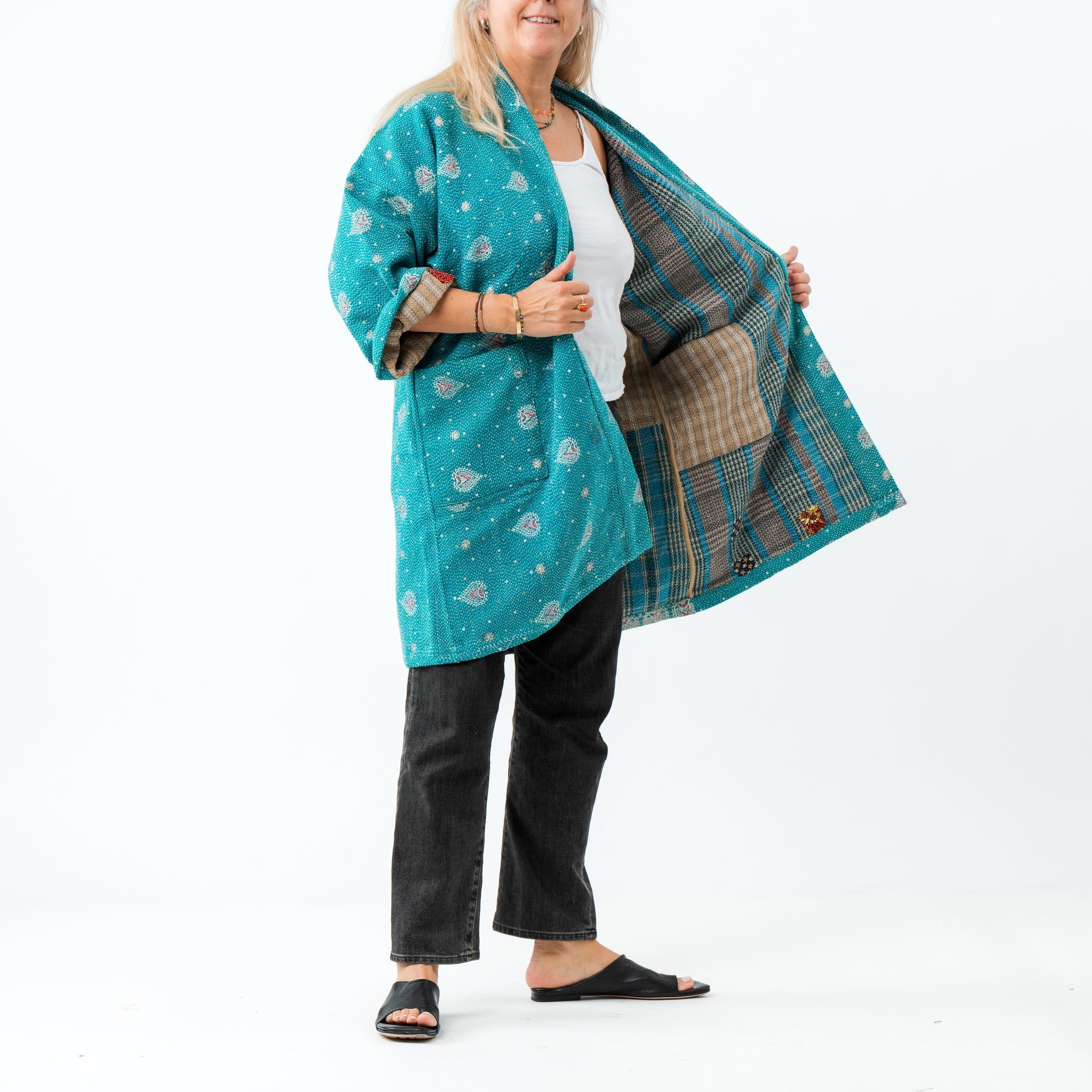 Reversible Vintage Kantha Coat Teal 