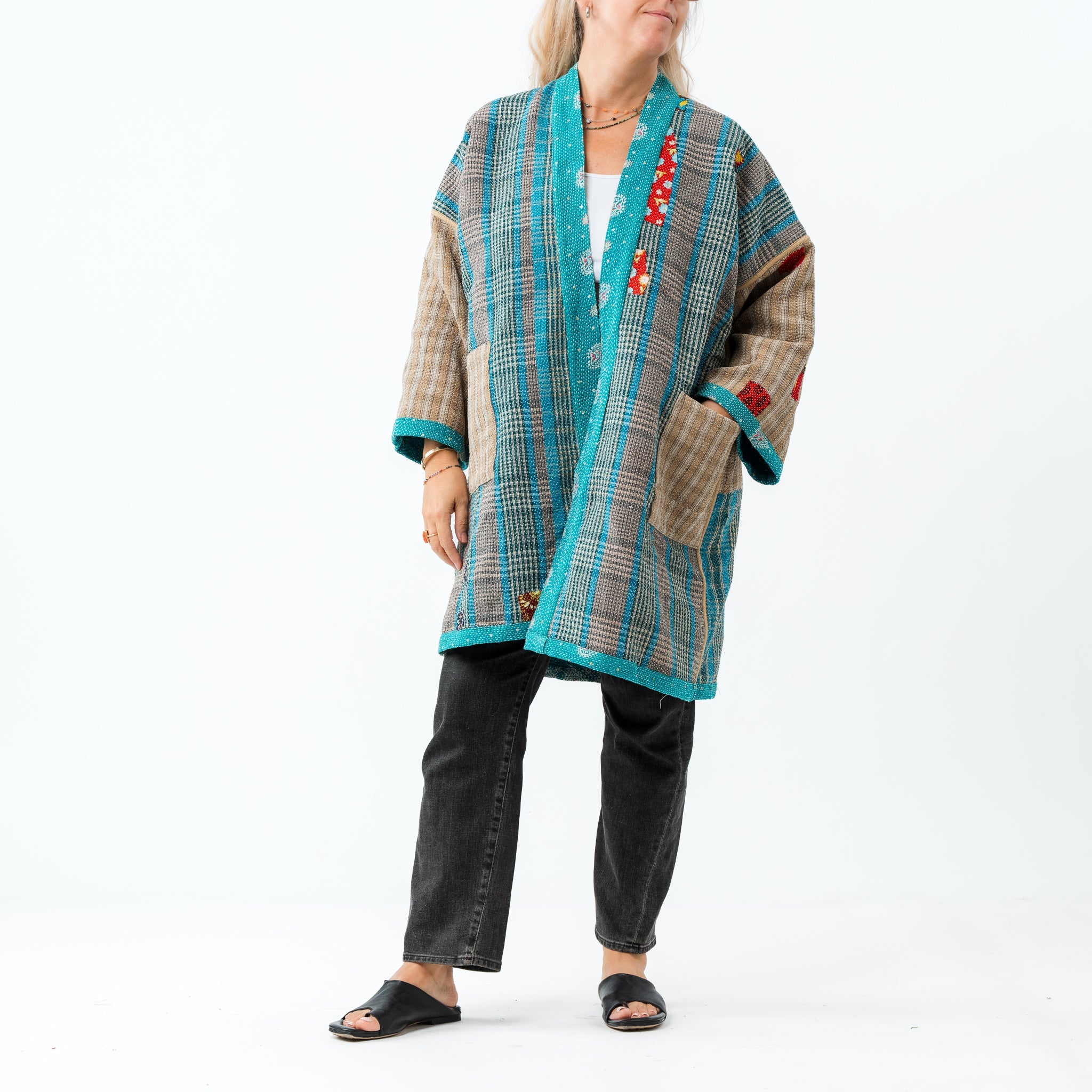 Reversible Vintage Kantha Coat Teal 