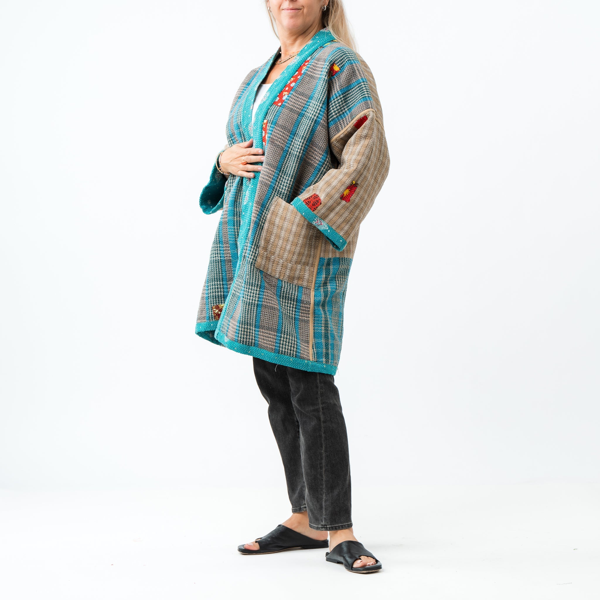 Reversible Vintage Kantha Coat Teal 