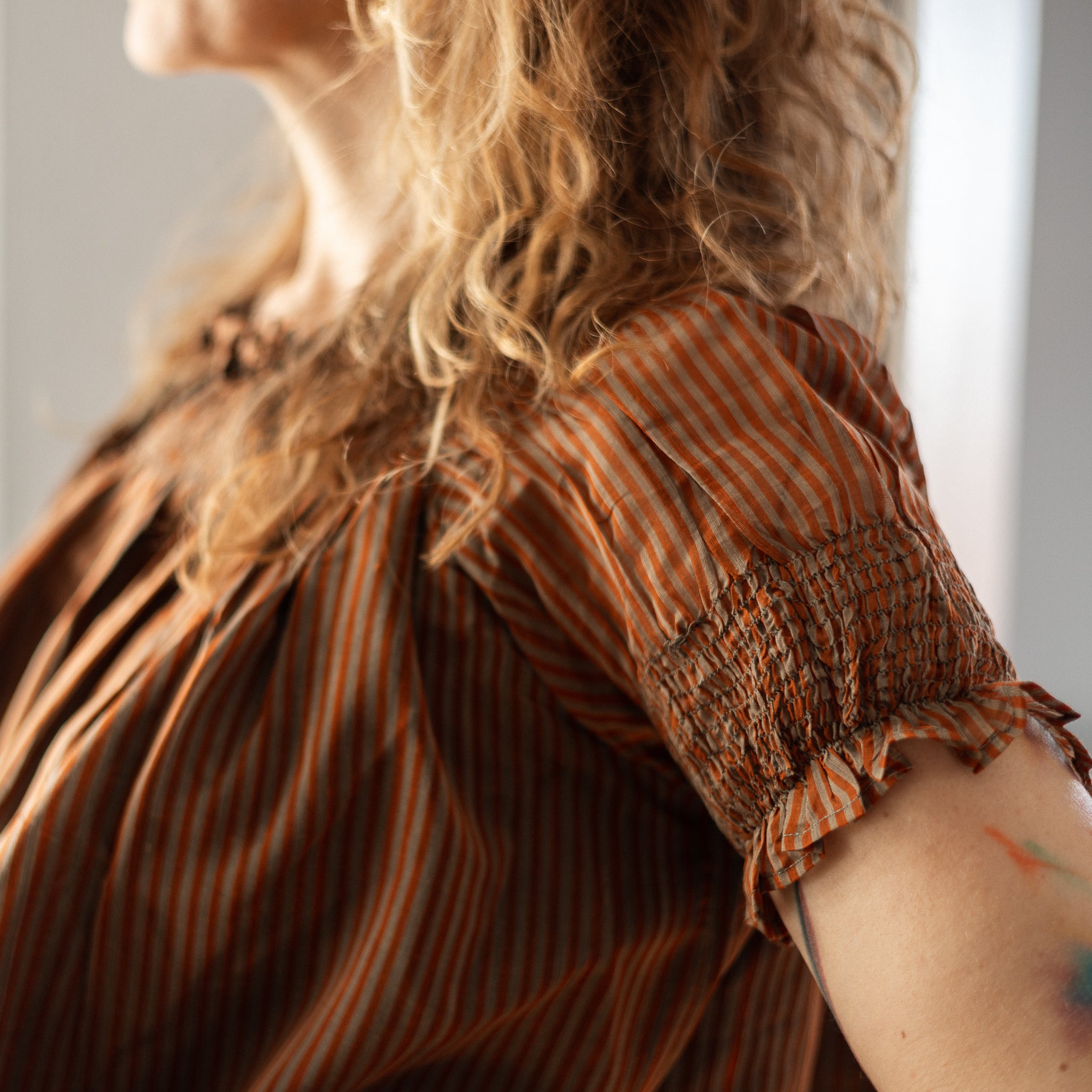 Smocked Chanderi Striped Blouse in Browns 
