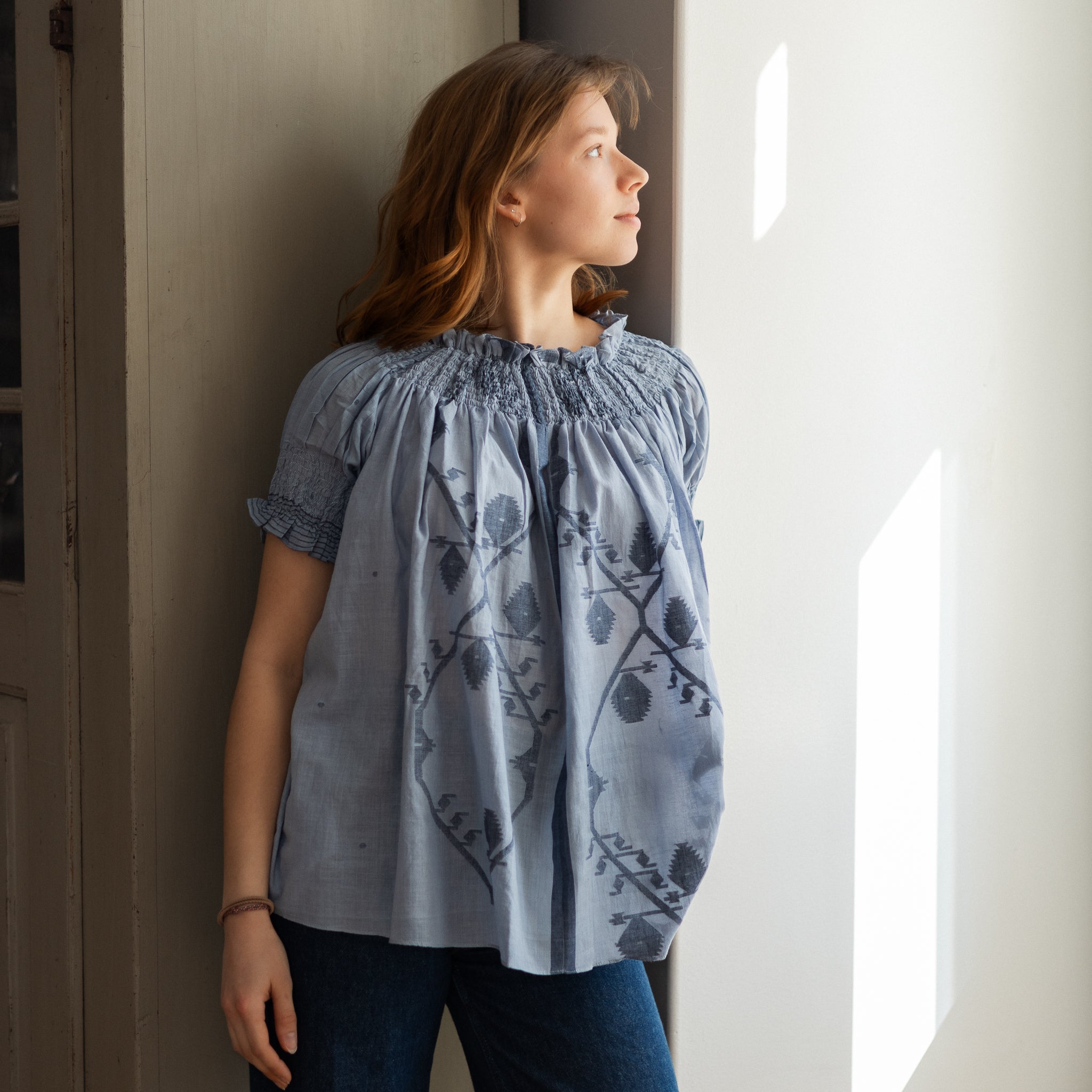 Smocked Jamdani Check Blouse with Embroidery S