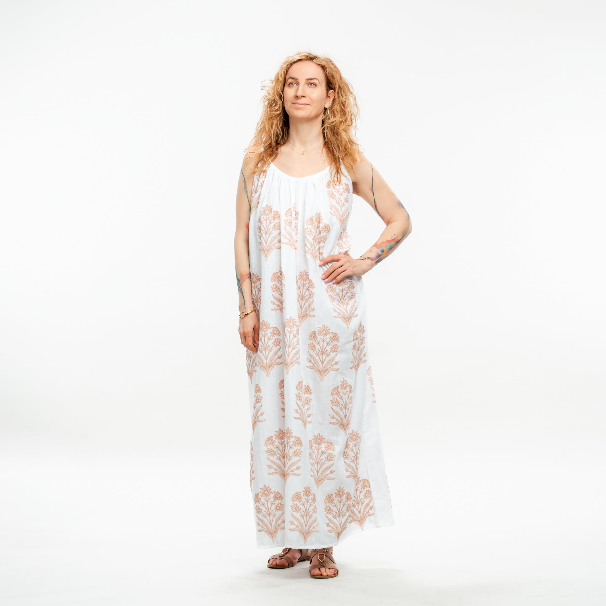 Spaghetti Strap Quilted Cotton Maxi Pink