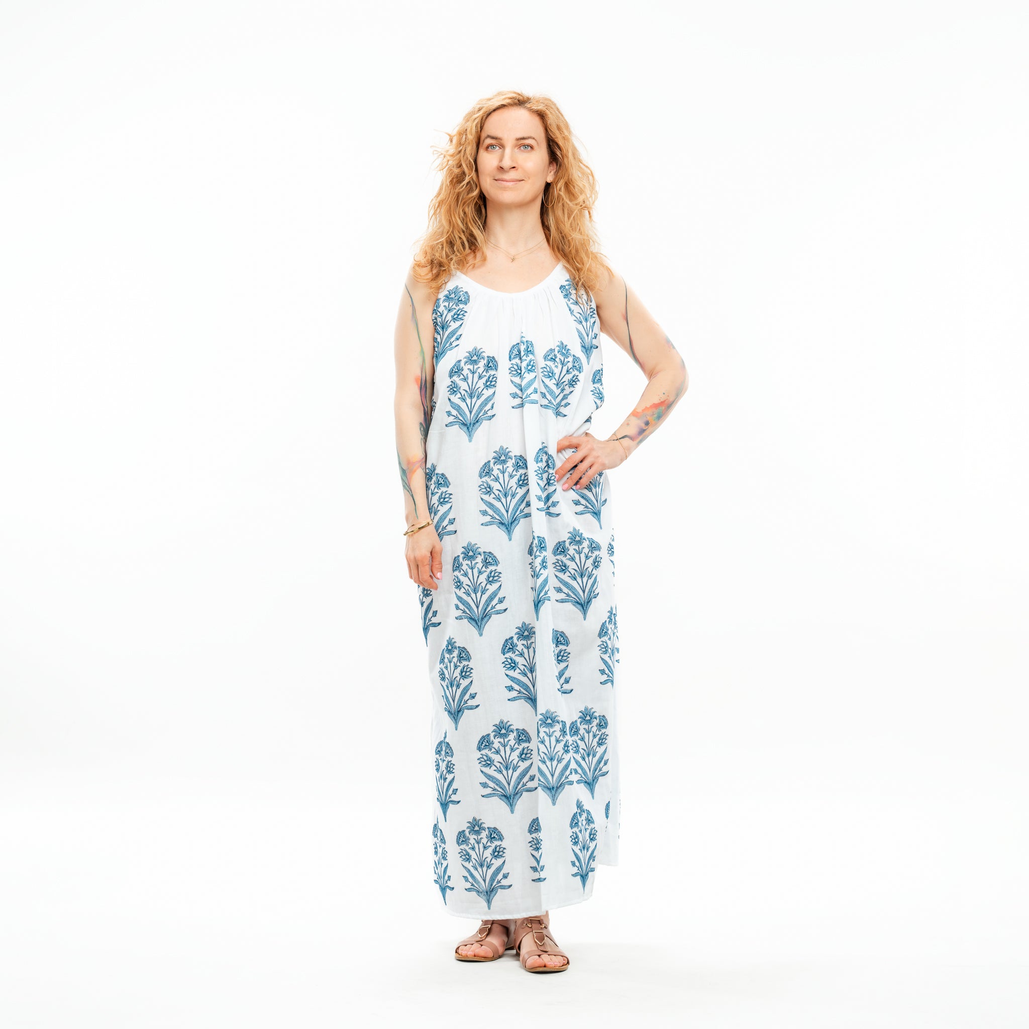 Spaghetti Strap Quilted Cotton Maxi Blue