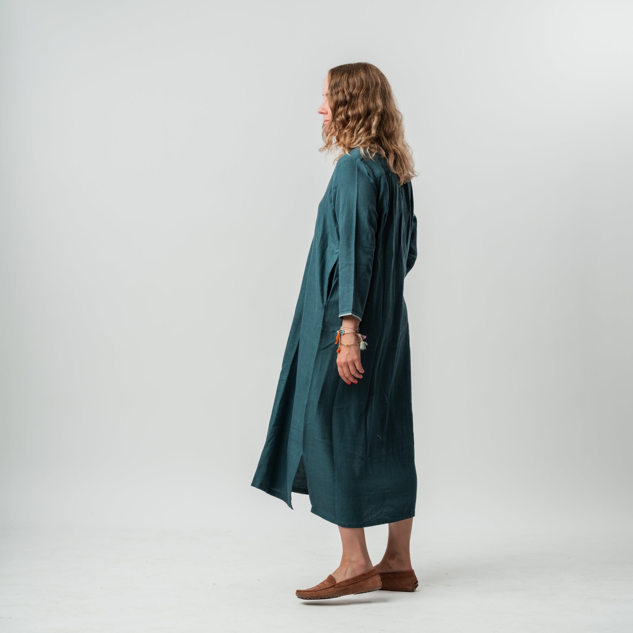 Wool Cotton V Neck Maxi Dress