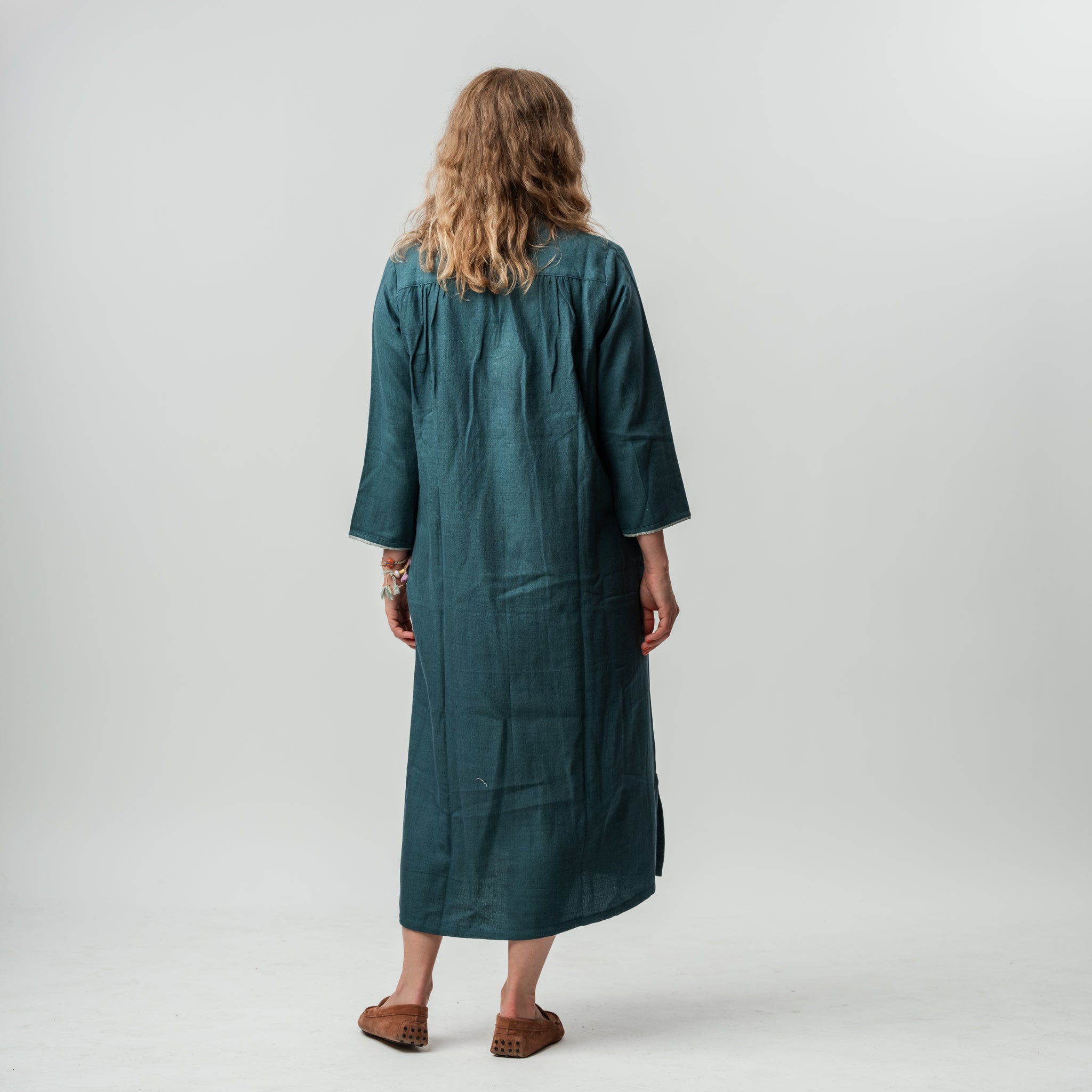 Wool Cotton V Neck Maxi Dress