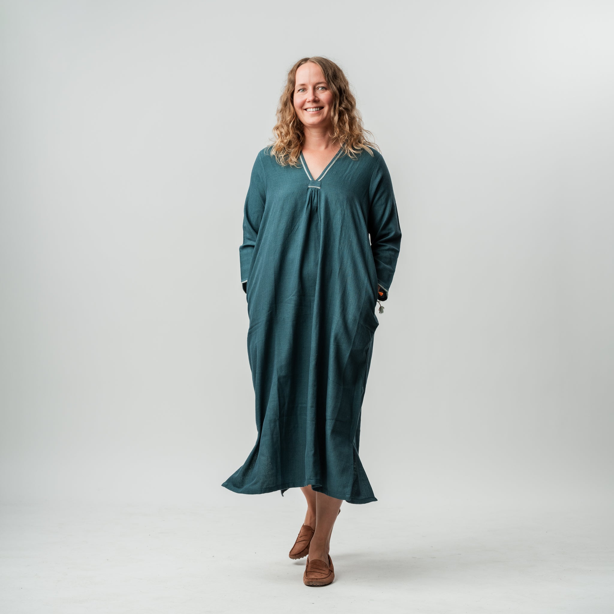 Wool Cotton V Neck Maxi Dress