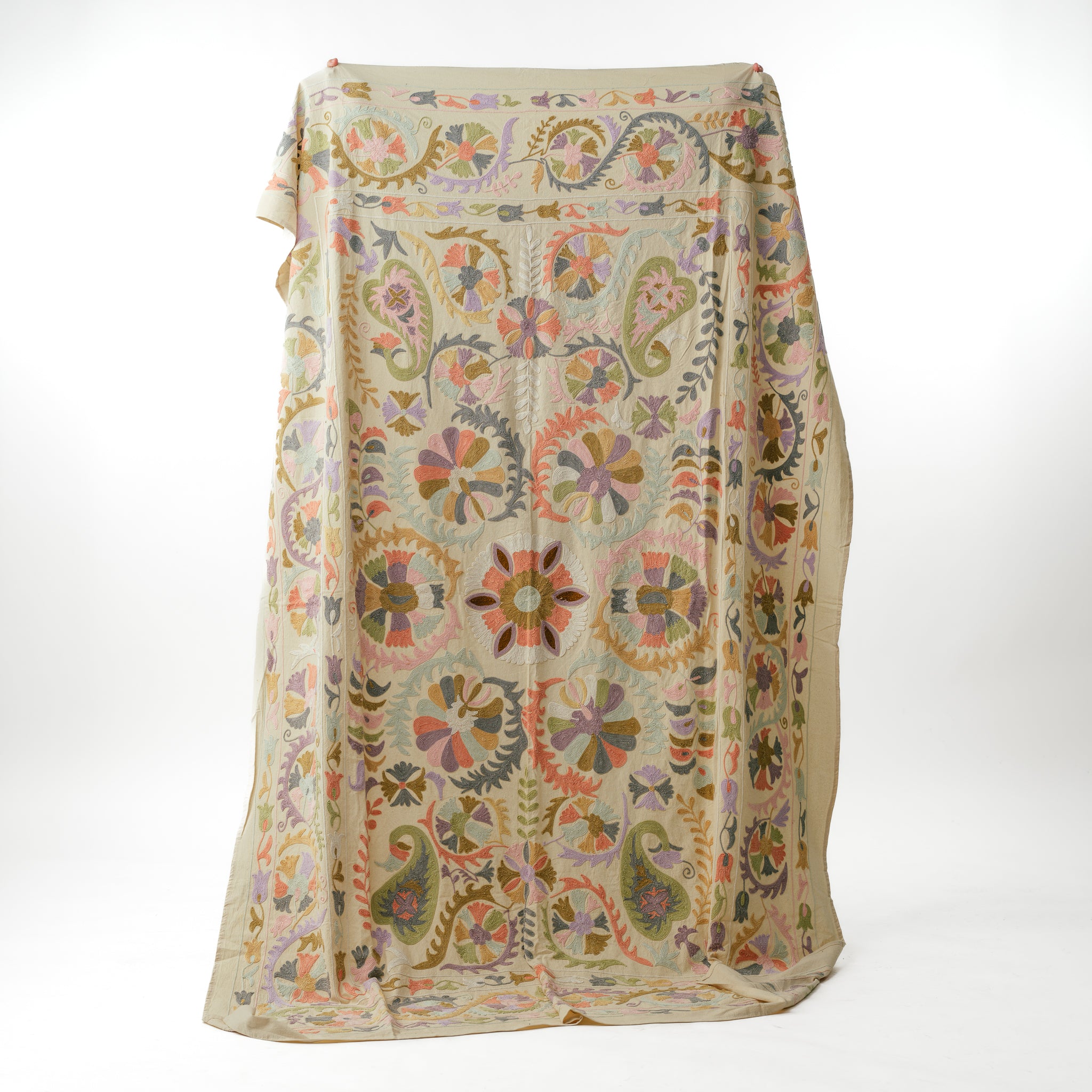 Suzani Bedcover Handwoven Silk Floral Neutrals 