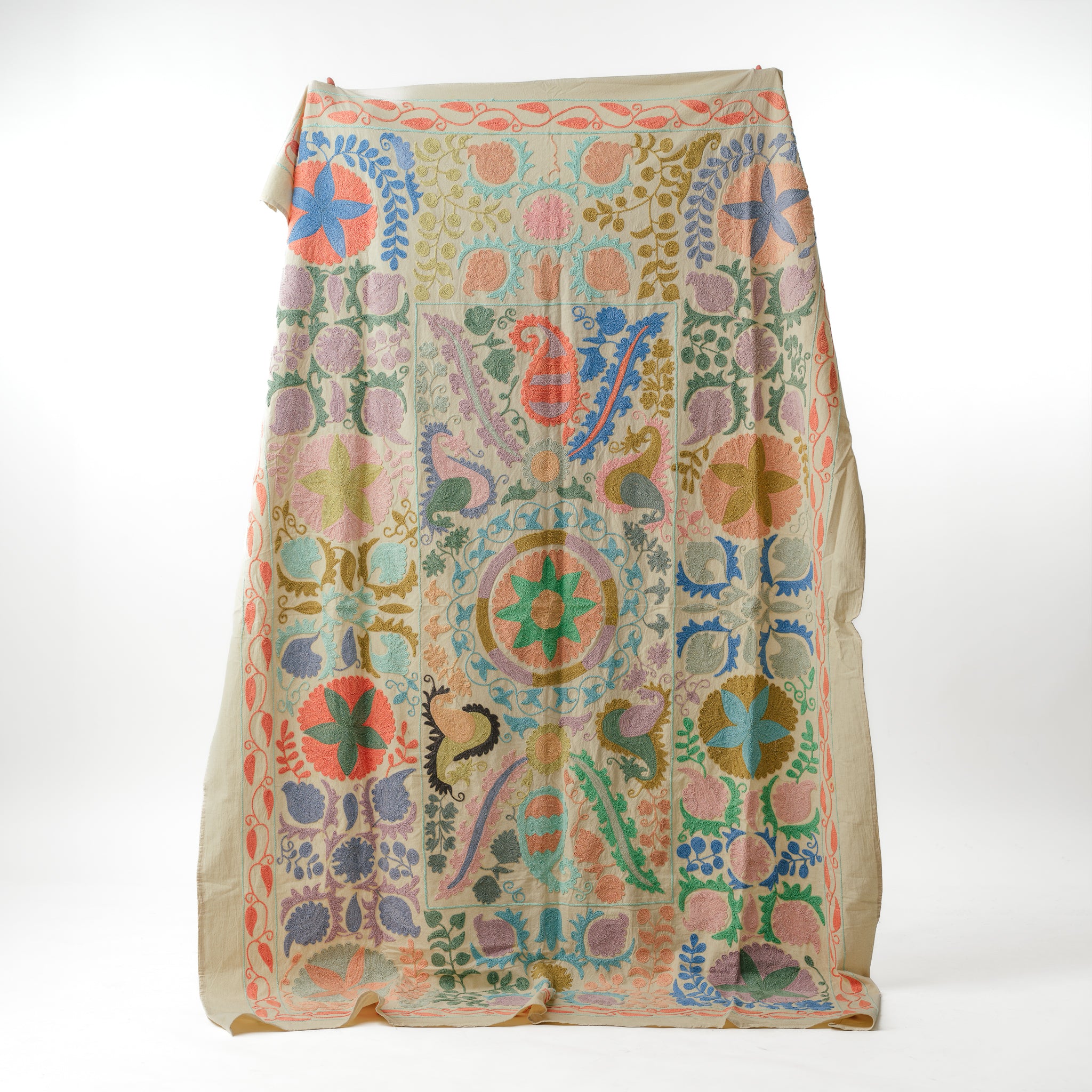 Suzani Bedcover Handwoven Silk Floral Pastels 