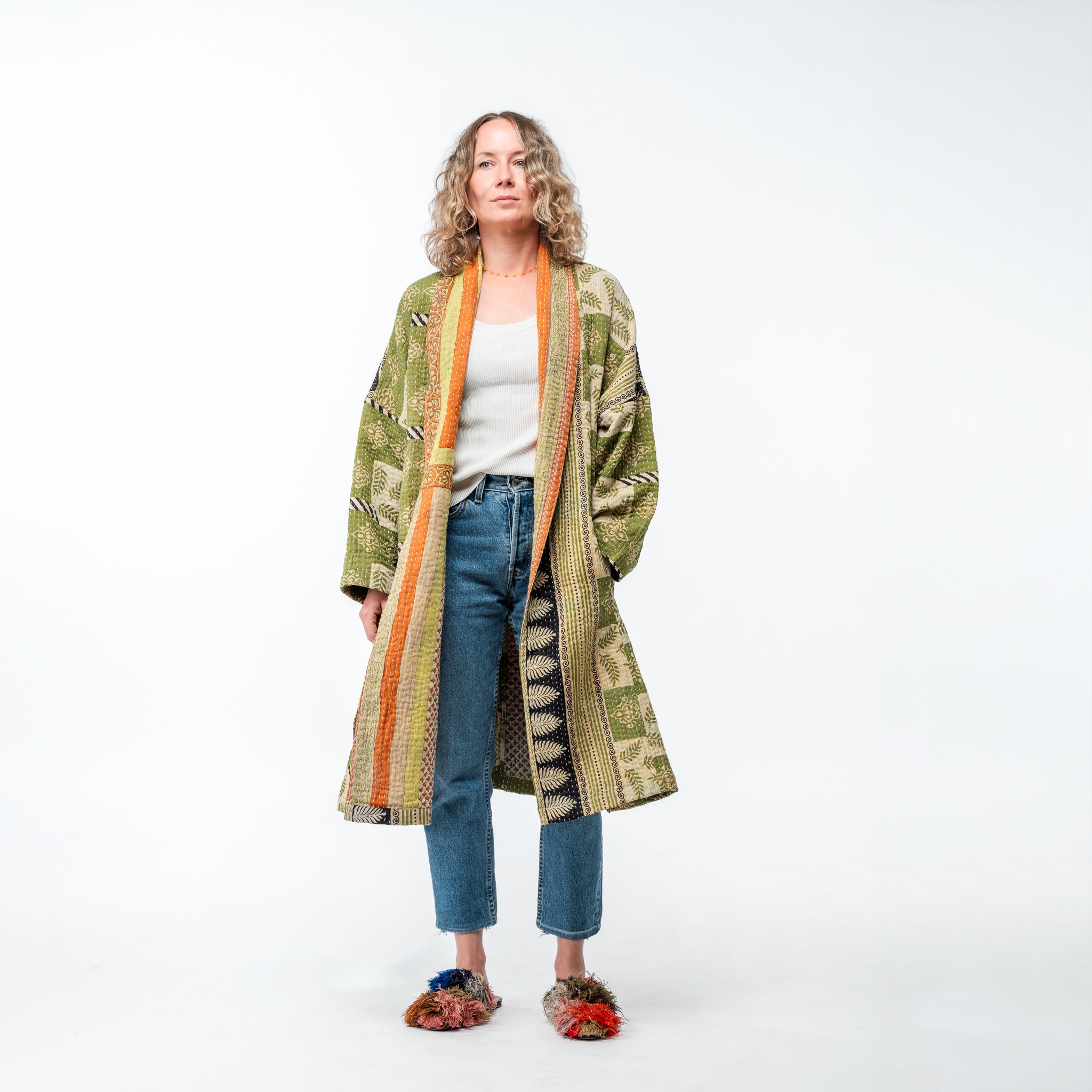 Up-cycled Kantha Coat Quilted Greens 