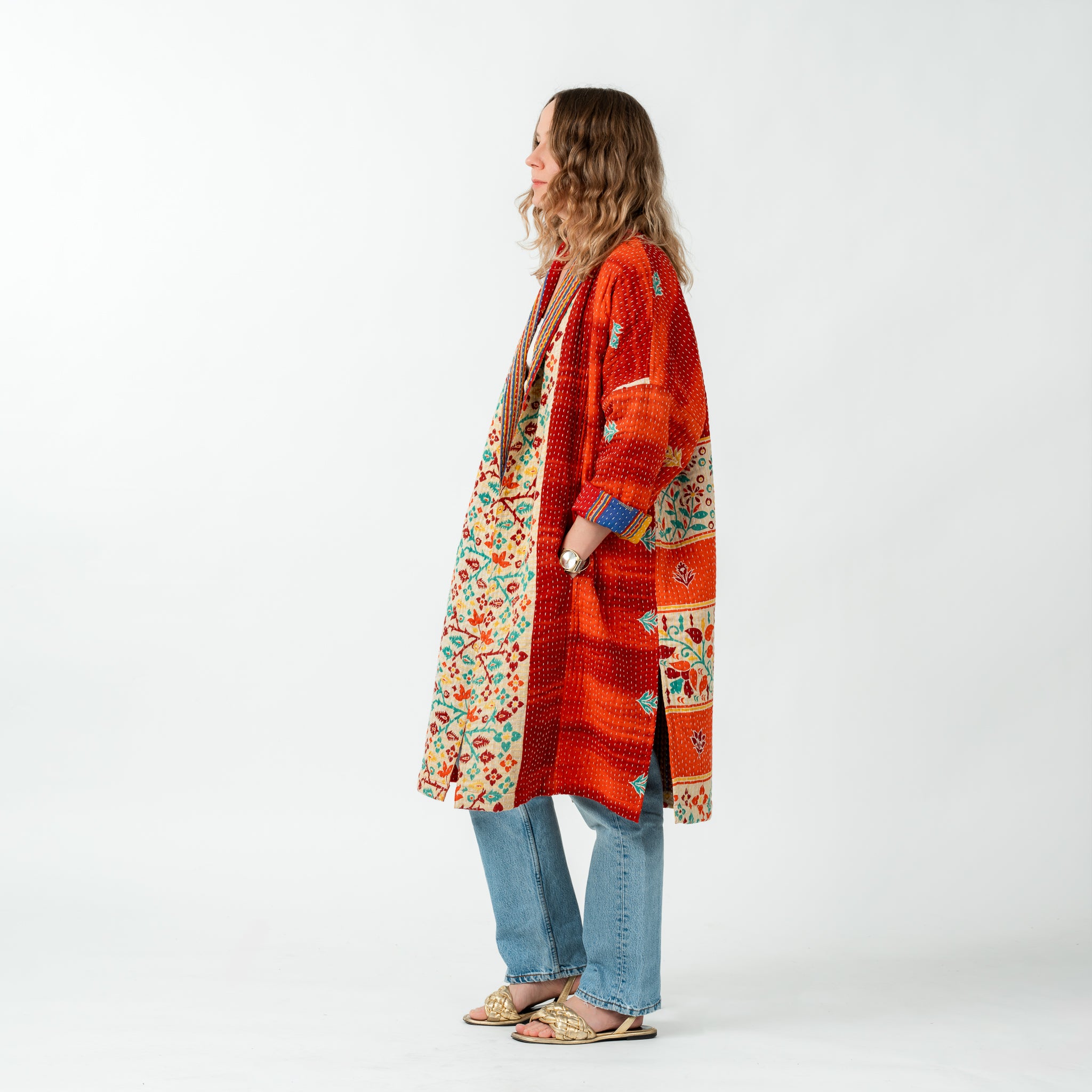 Up-cycled Kantha Coat Quilted Reds 