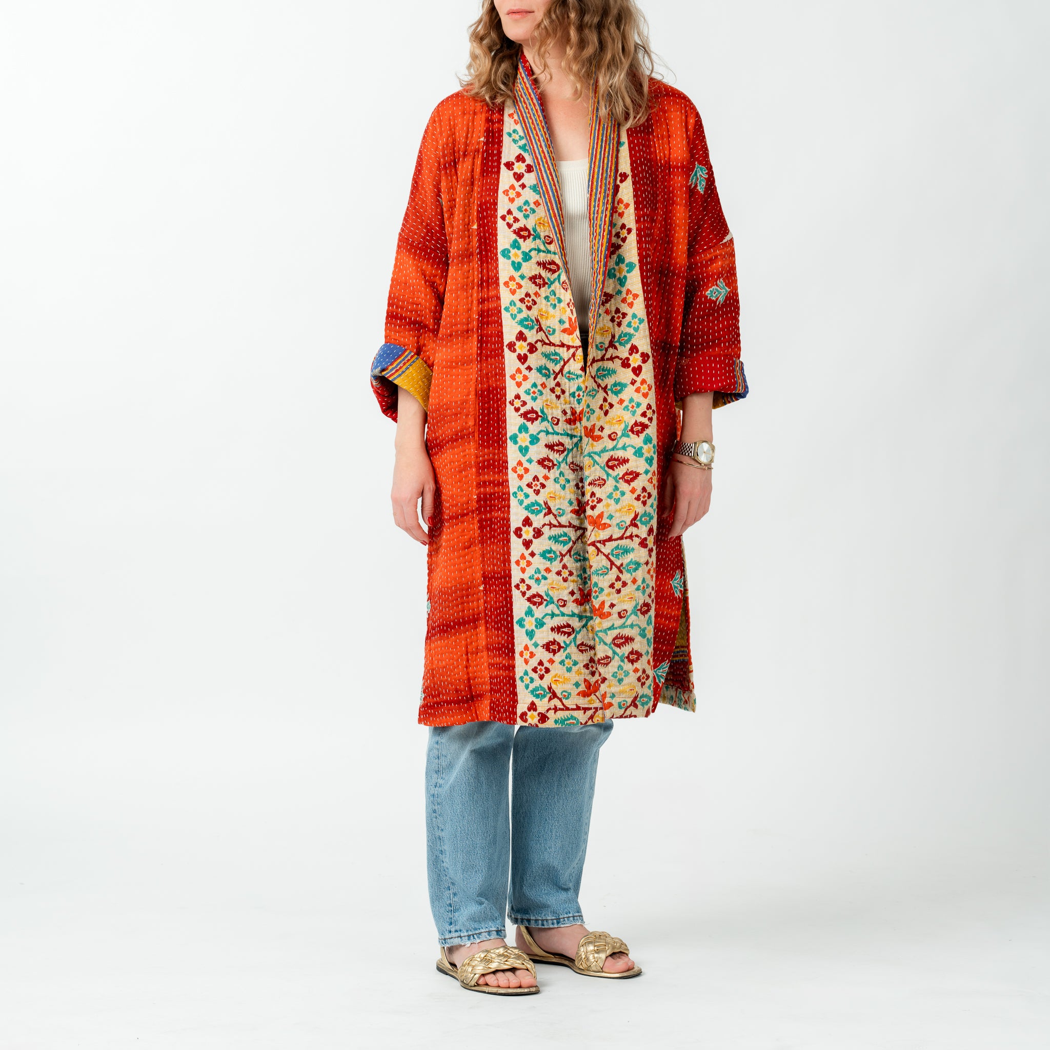 Up-cycled Kantha Coat Quilted Reds 
