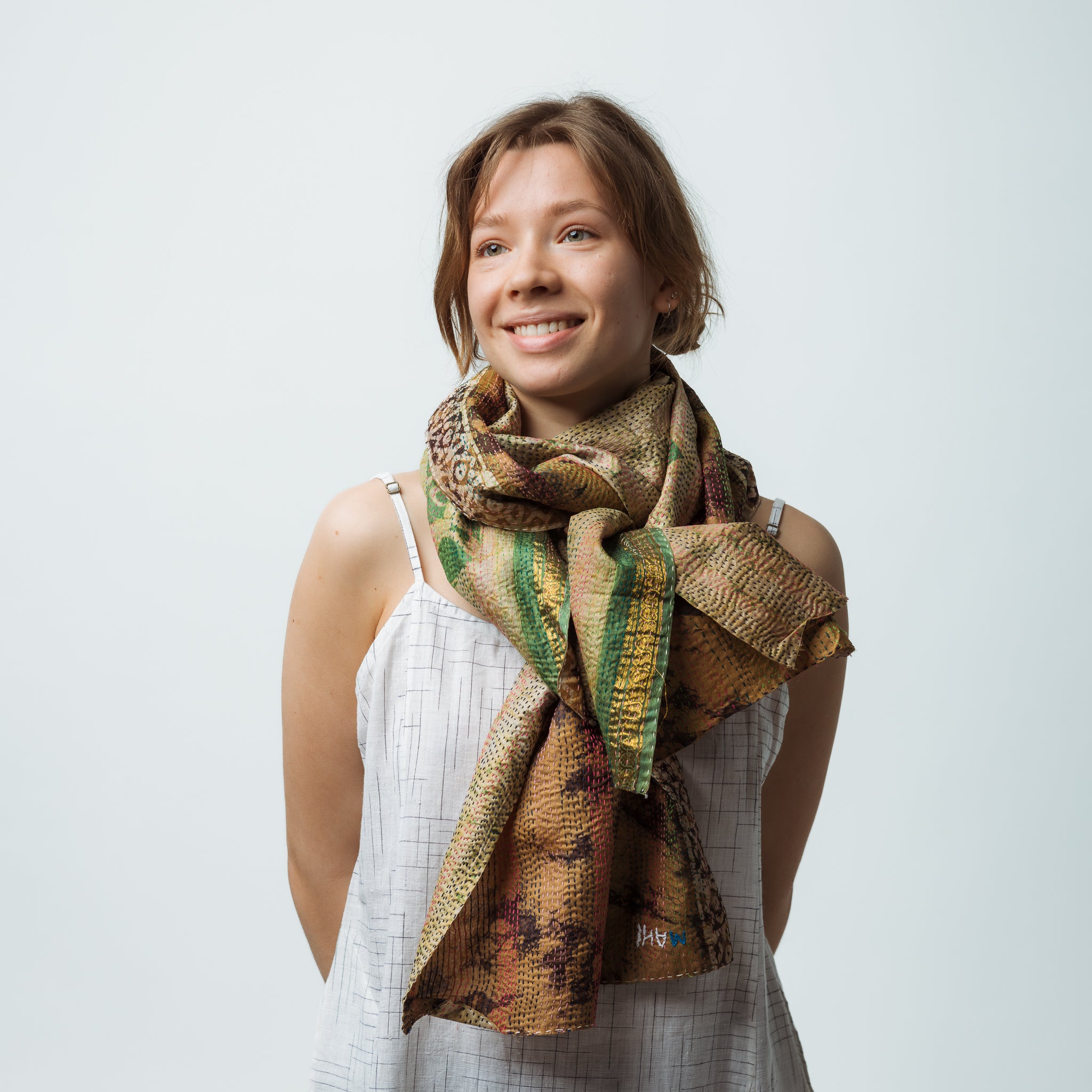 Up-cycled Silk Saris Scarf Greens and Beige 